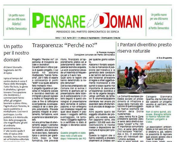 IN EDICOLA PENSARE IL DOMANI, NUOVO PERIODICO DI ISPICA