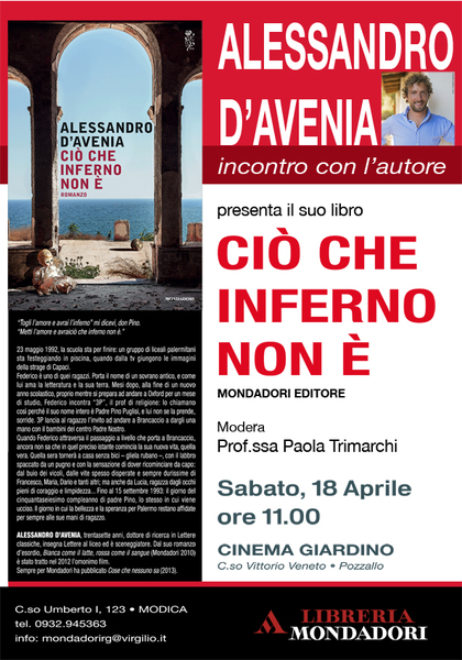 LO SCRITTORE ALESSANDRO D’AVENIA INCONTRA LE SCUOLE DELLA PROVINCIA AL CINEMA GIARDINO DI  POZZALLO