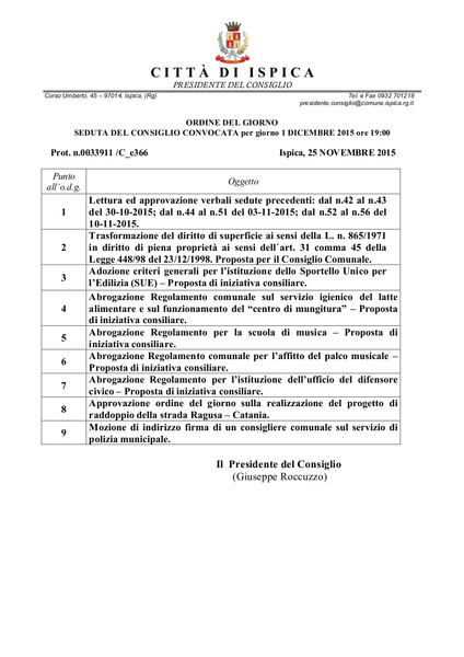 CONSIGLIO COMUNALE ISPICA: TRA I PUNTI L’ISTITUZIONE DELLO SPORTELLO UNICO PER L’EDILIZIA