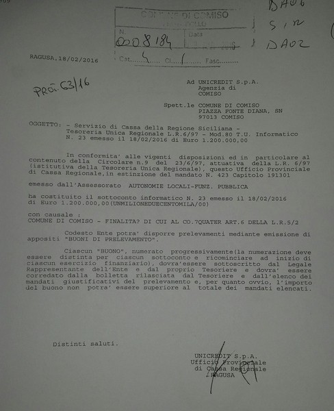 NOTIFICATO L’ACCREDITO DI UN MILIONE E DUECENTO MILA EURO DELLA REGIONE SICILIA AL COMUNE DI COMISO