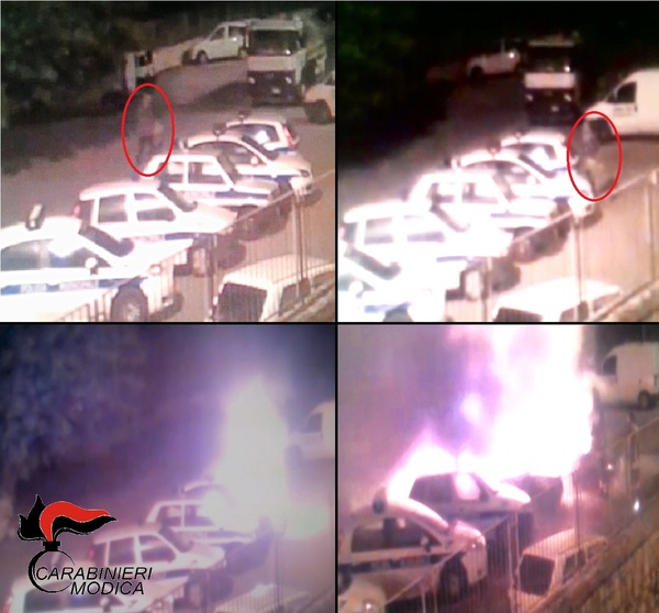 SCICLI (RG): INCENDIATE ALCUNE AUTOVETTURE DELLA POLIZIA MUNICIPALE, IL RESPONSABILE INDIVIDUATO E DENUNCIATO DAI CARABINIERI
