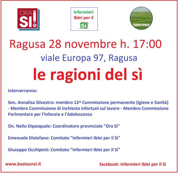 LUNEDI POMERIGGIO A RAGUSA NELLA SEDE DI TERRITORIO L’INIZIATIVA PROMOSSA  DAL COMITATO INFERMIERI IBLEI PER IL SÌ.