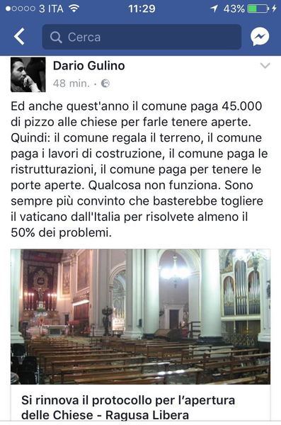 PER IL CONSIGLIERE DARIO GULINO (M5S) IL COMUNE PAGA UN “PIZZO” ALLA DIOCESI PER LE CHIESE APERTE