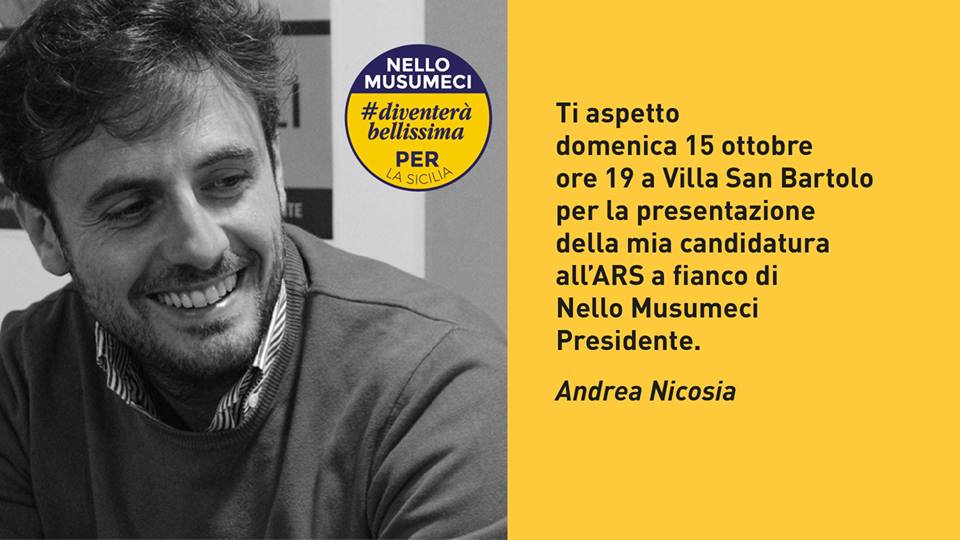 Andrea Nicosia apre questa domenica la campagna elettorale. A Villa San Bartolo sarà una festa