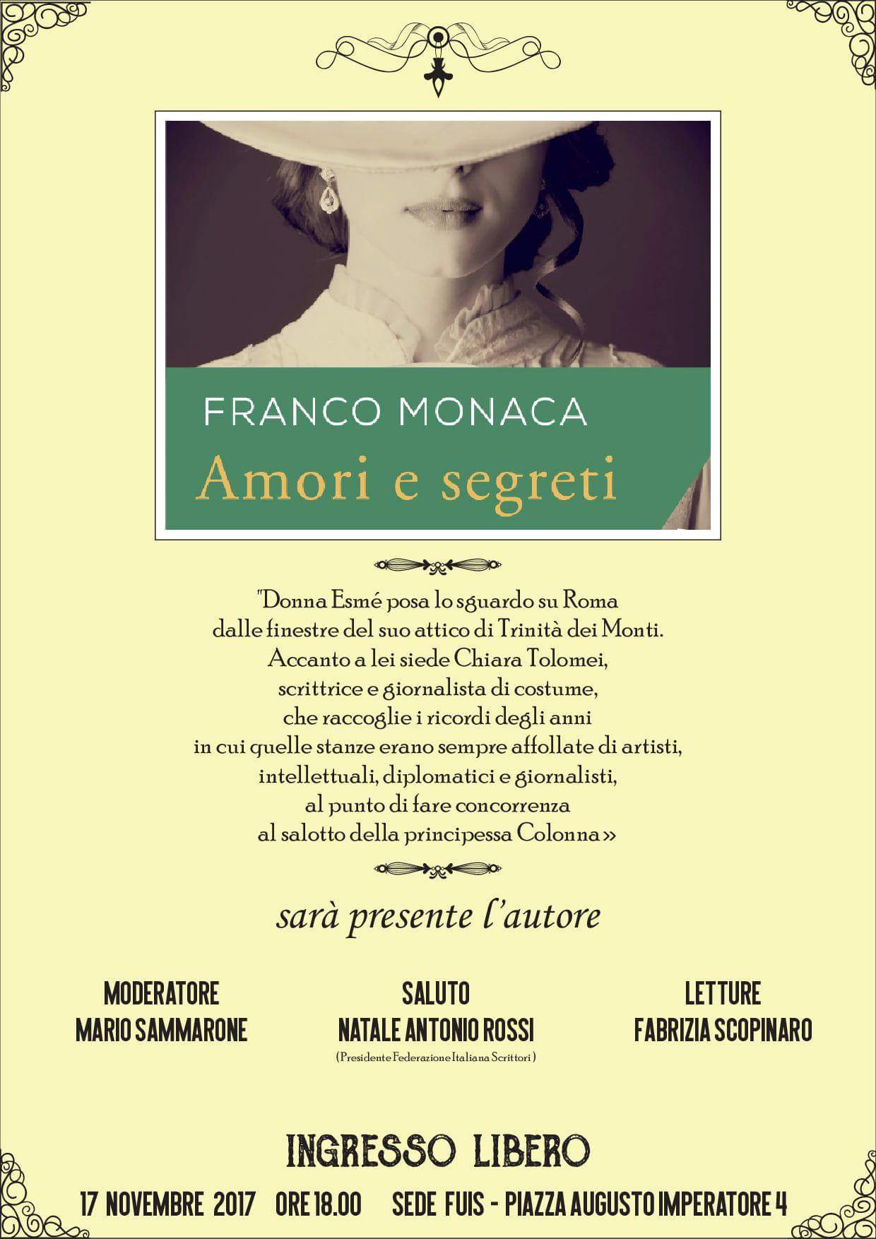 “Amori e segreti di donna Esmé”, si presenta a Roma il nuovo romanzo di Franco Monaca