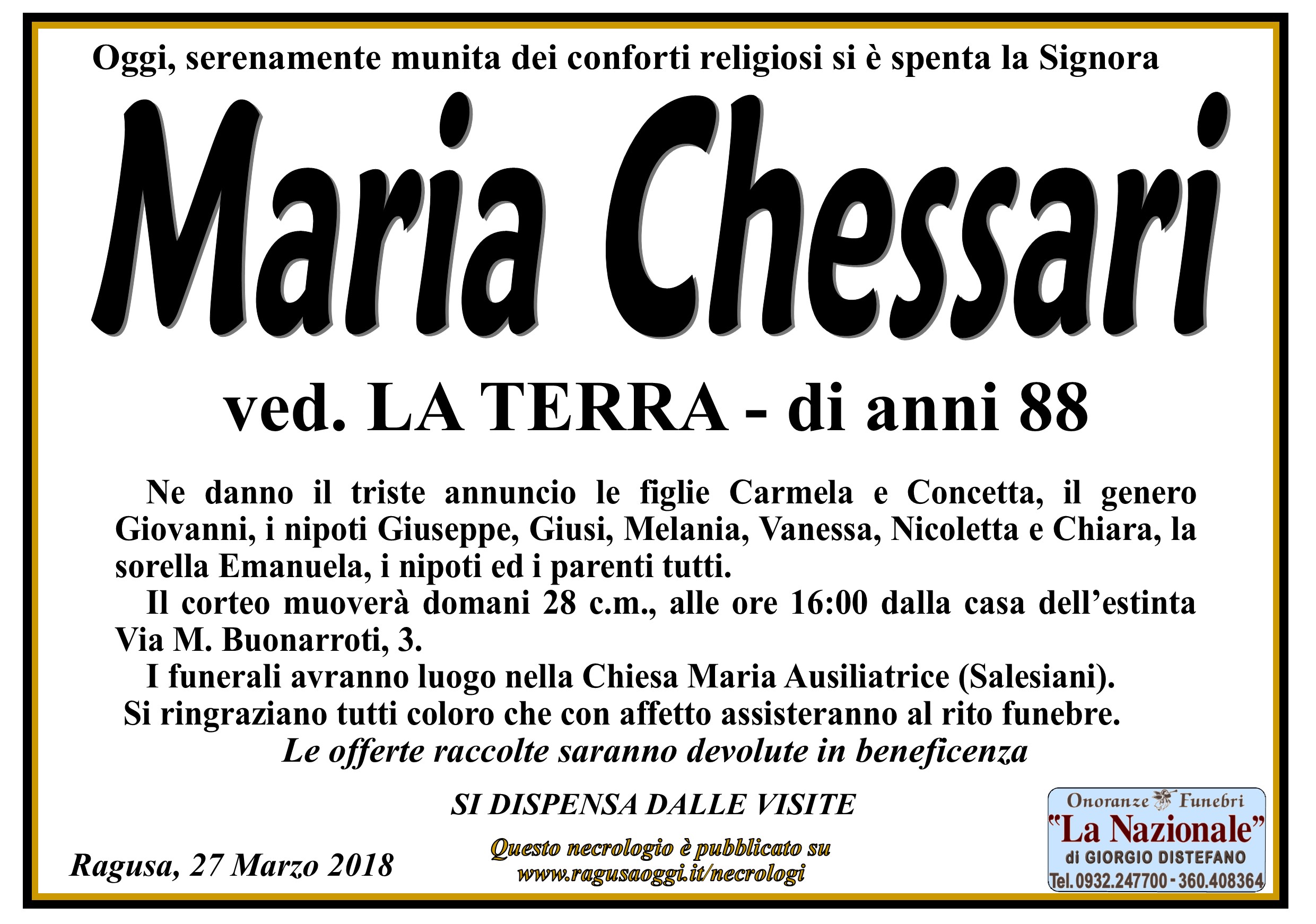 Necrologi: Maria Chessari