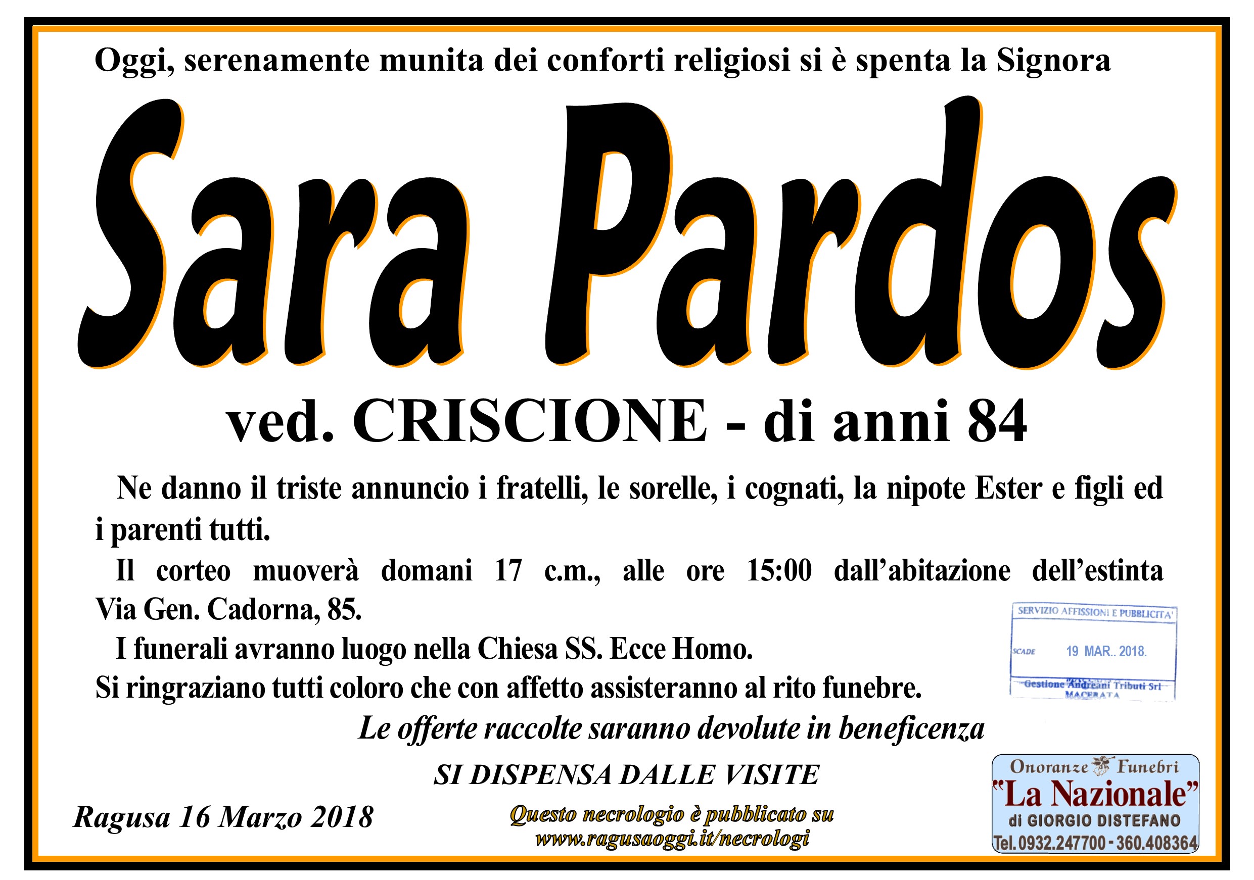Necrologi Sara Pardos