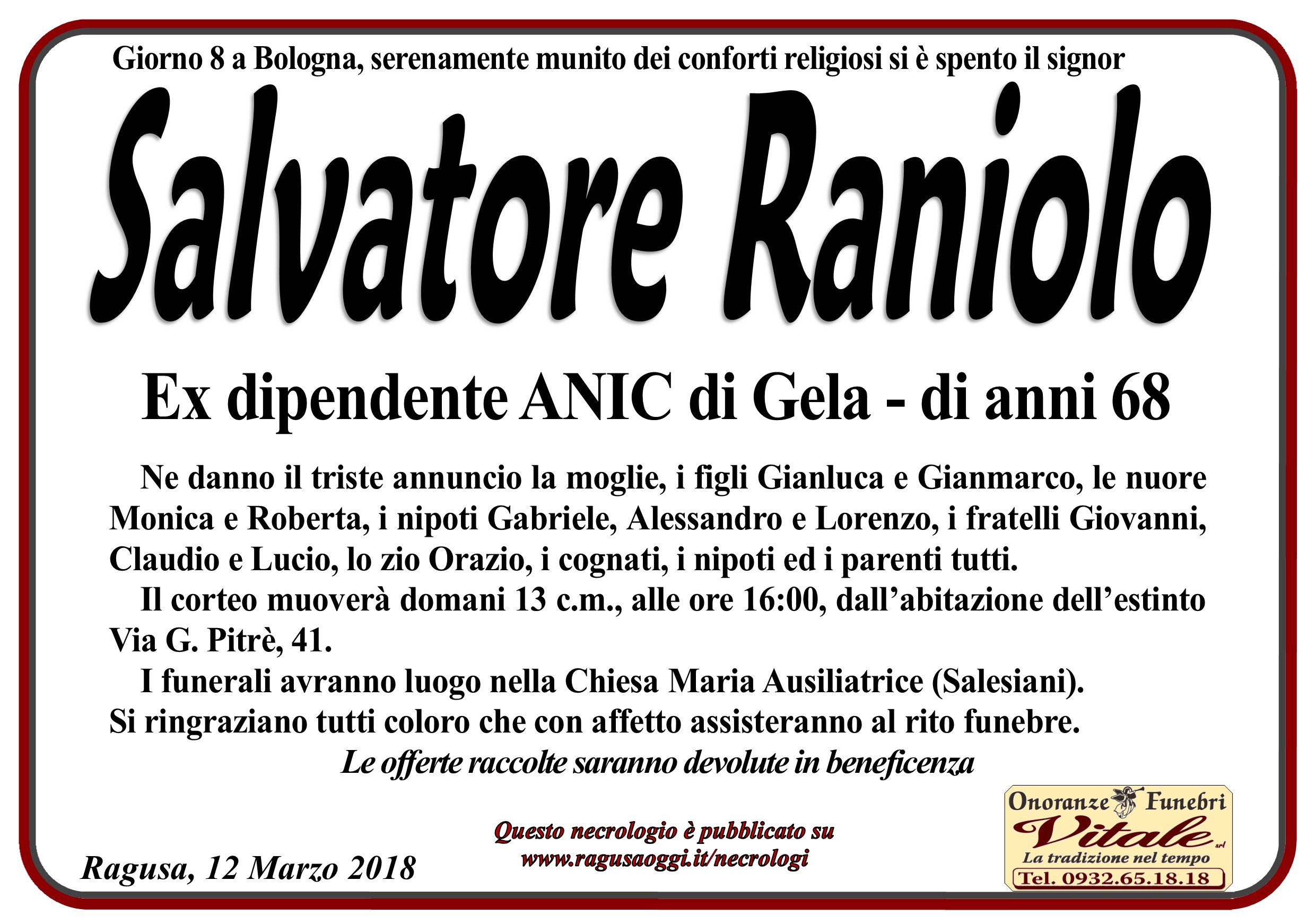 Necrologi: Salvatore Raniolo