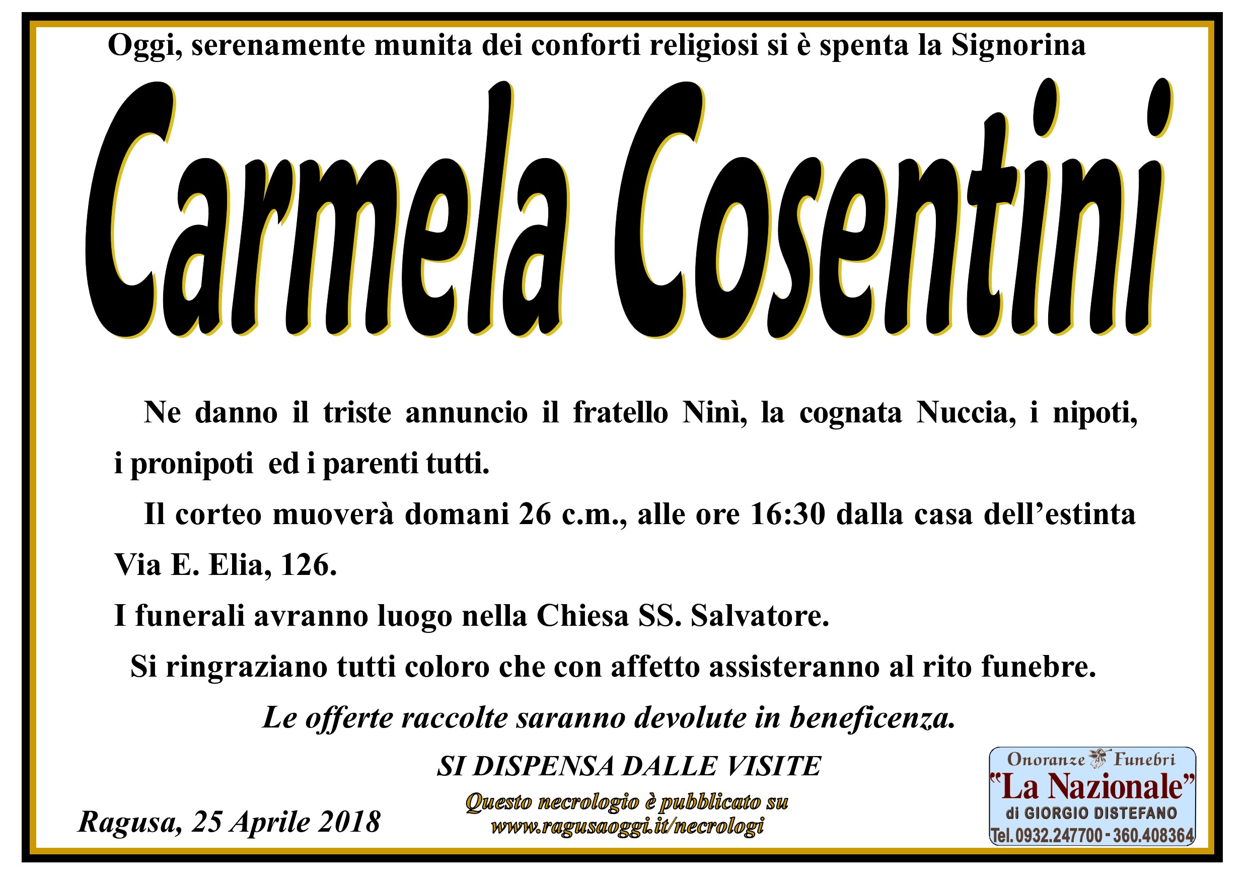 Necrologi: Carmela Cosentini