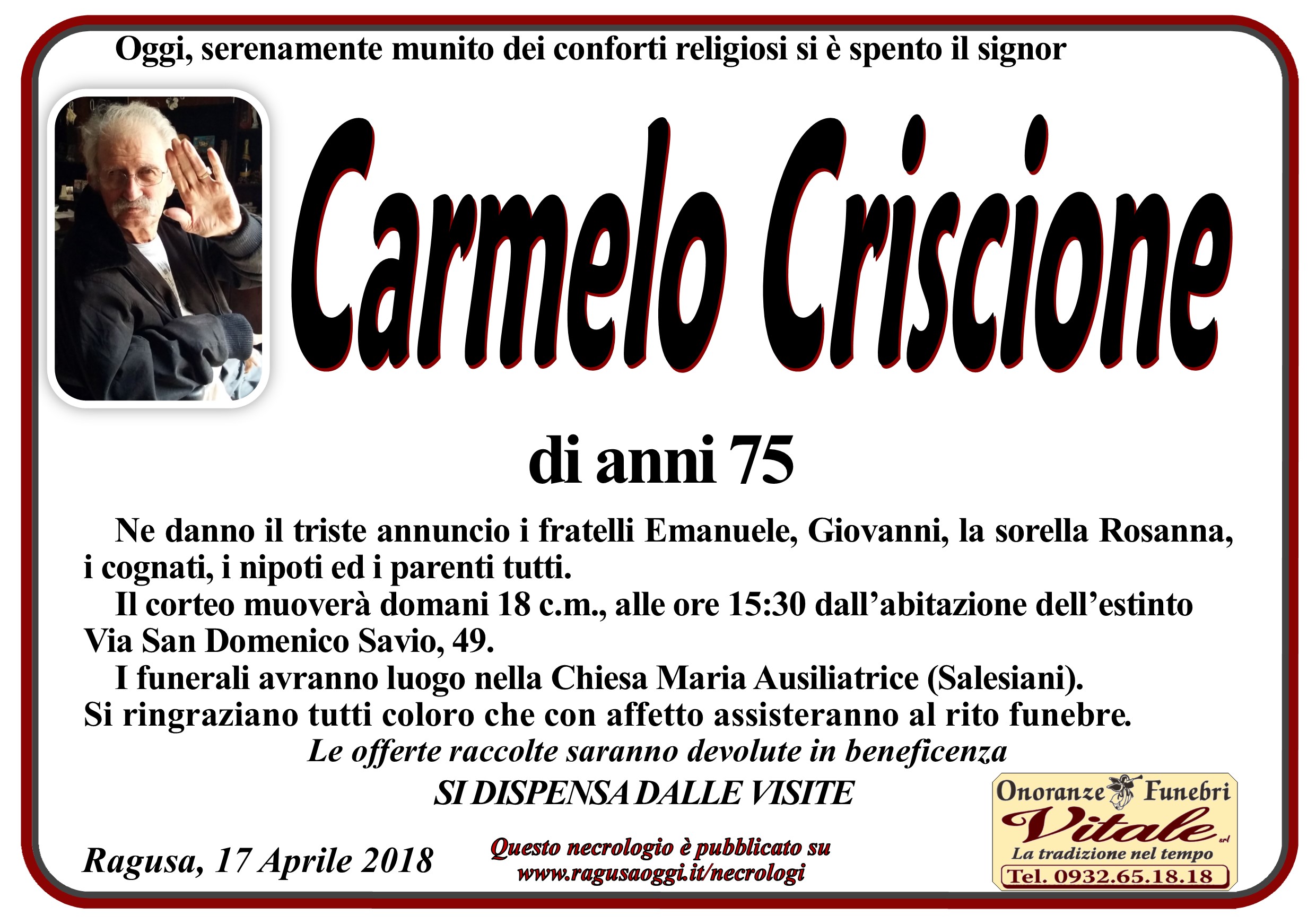 Necrologi Carmelo Criscione