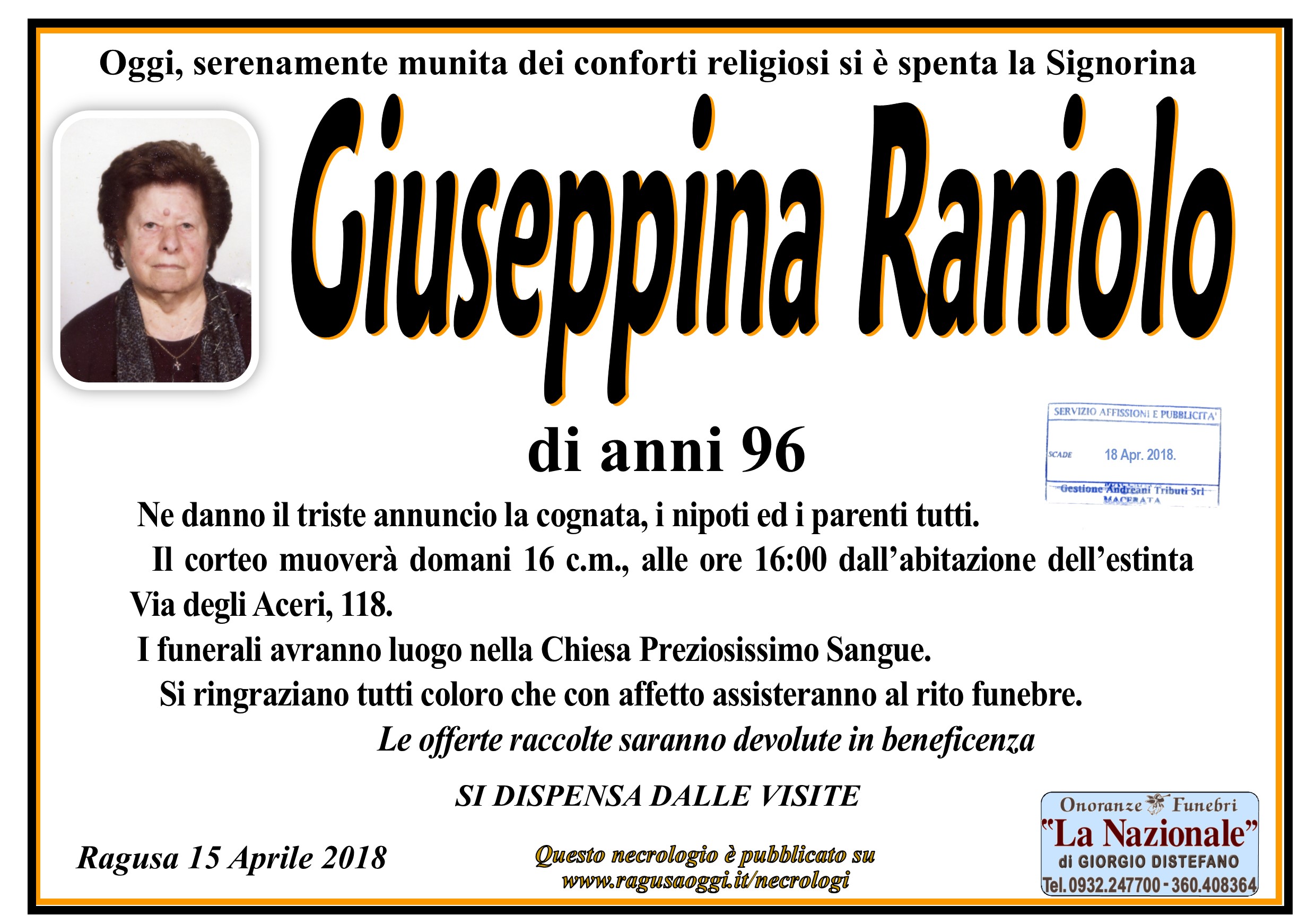 Necrologi: Giuseppina Raniolo