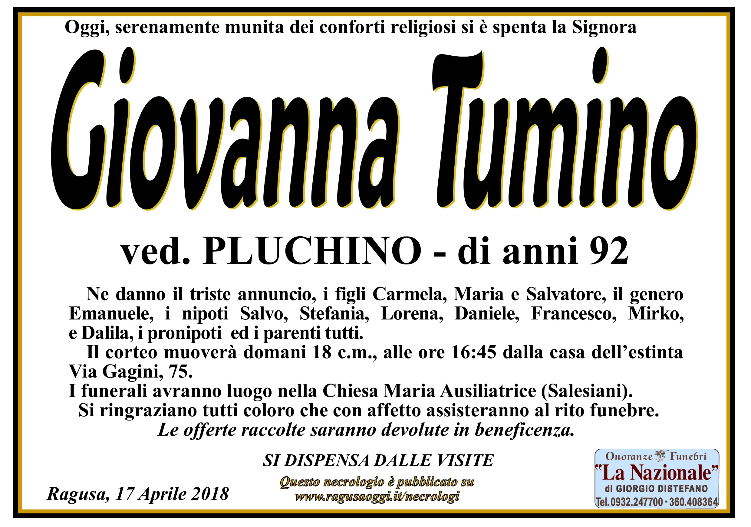 Necrologi Giovanna Tumino