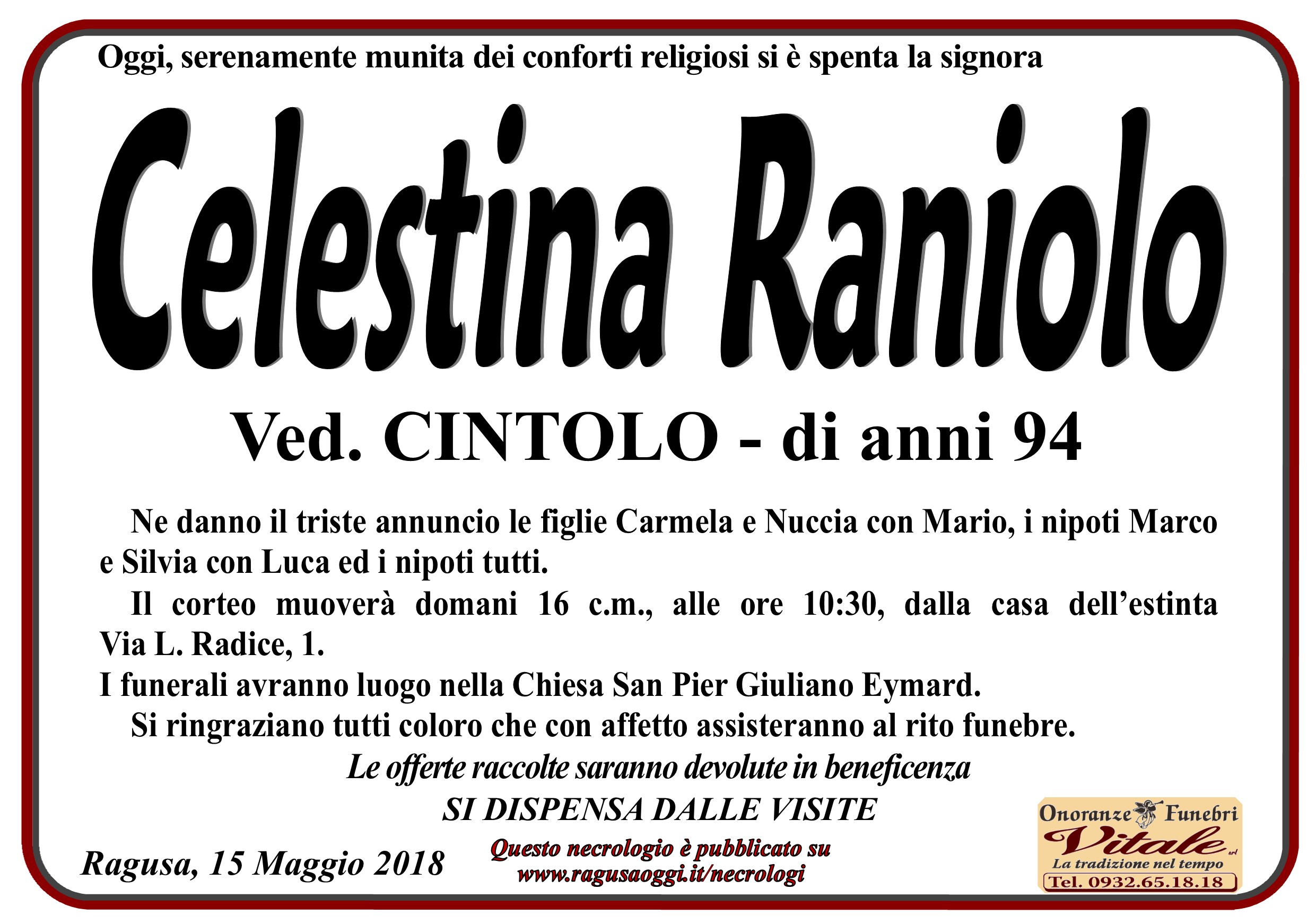 Necrologi: Celestina Raniolo