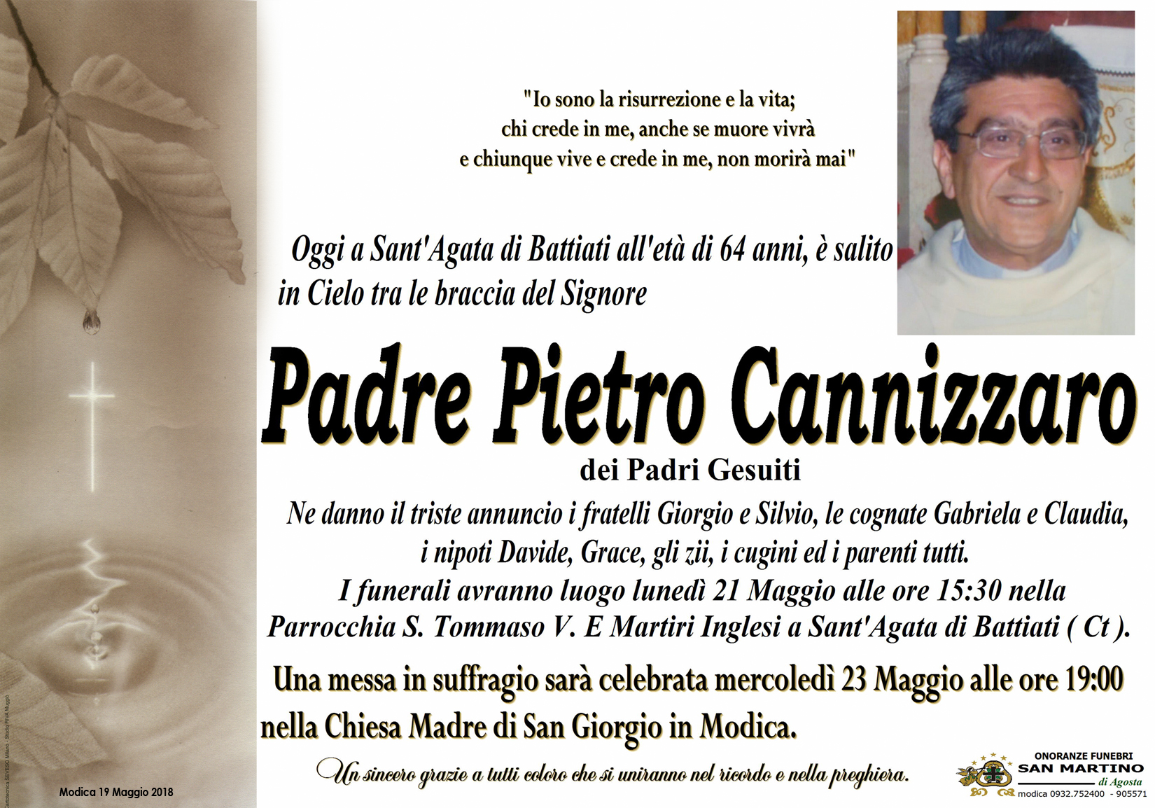 Necrologi: padre Pietro Cannizzaro