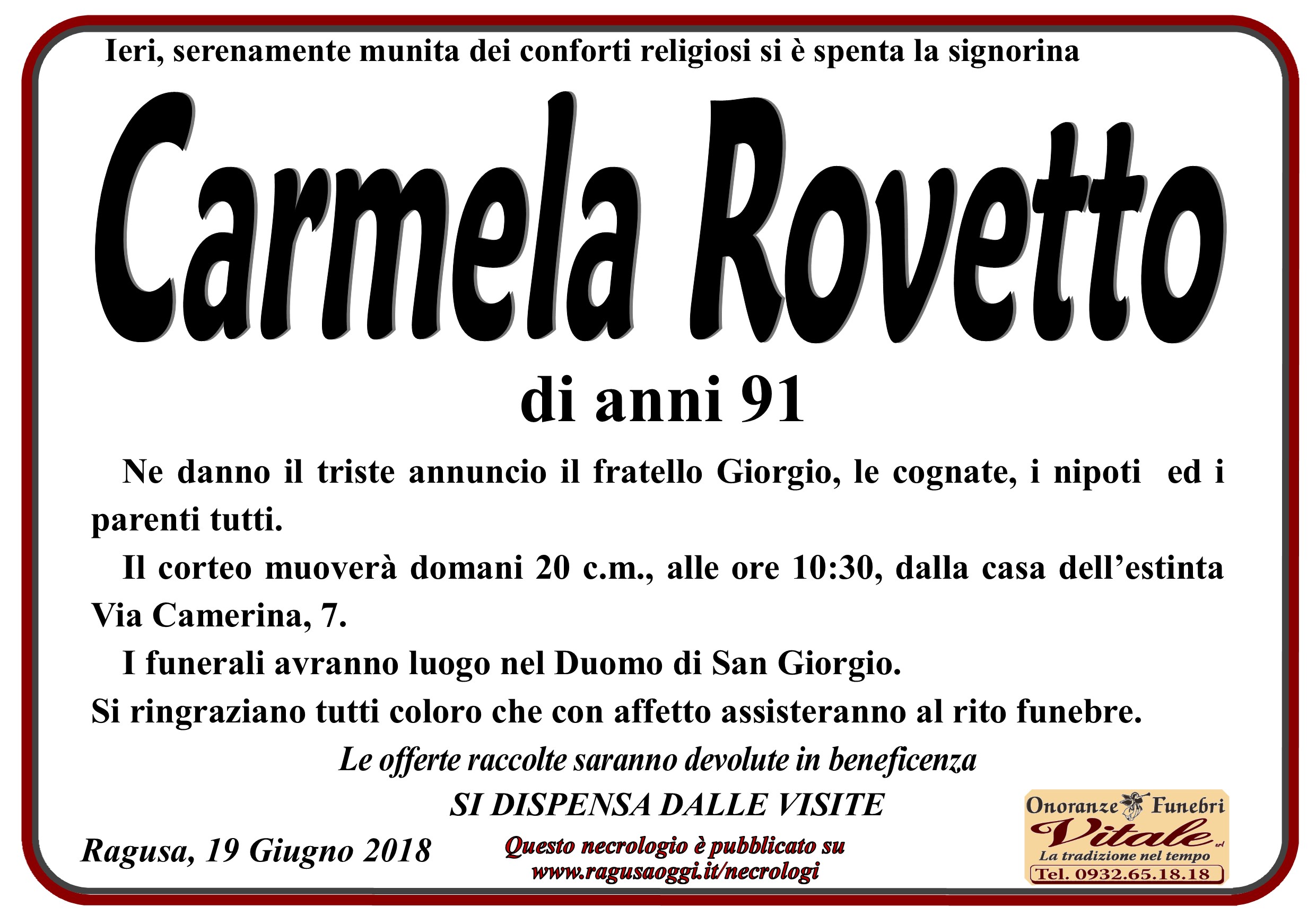 Necrologi: Carmela Rovetto