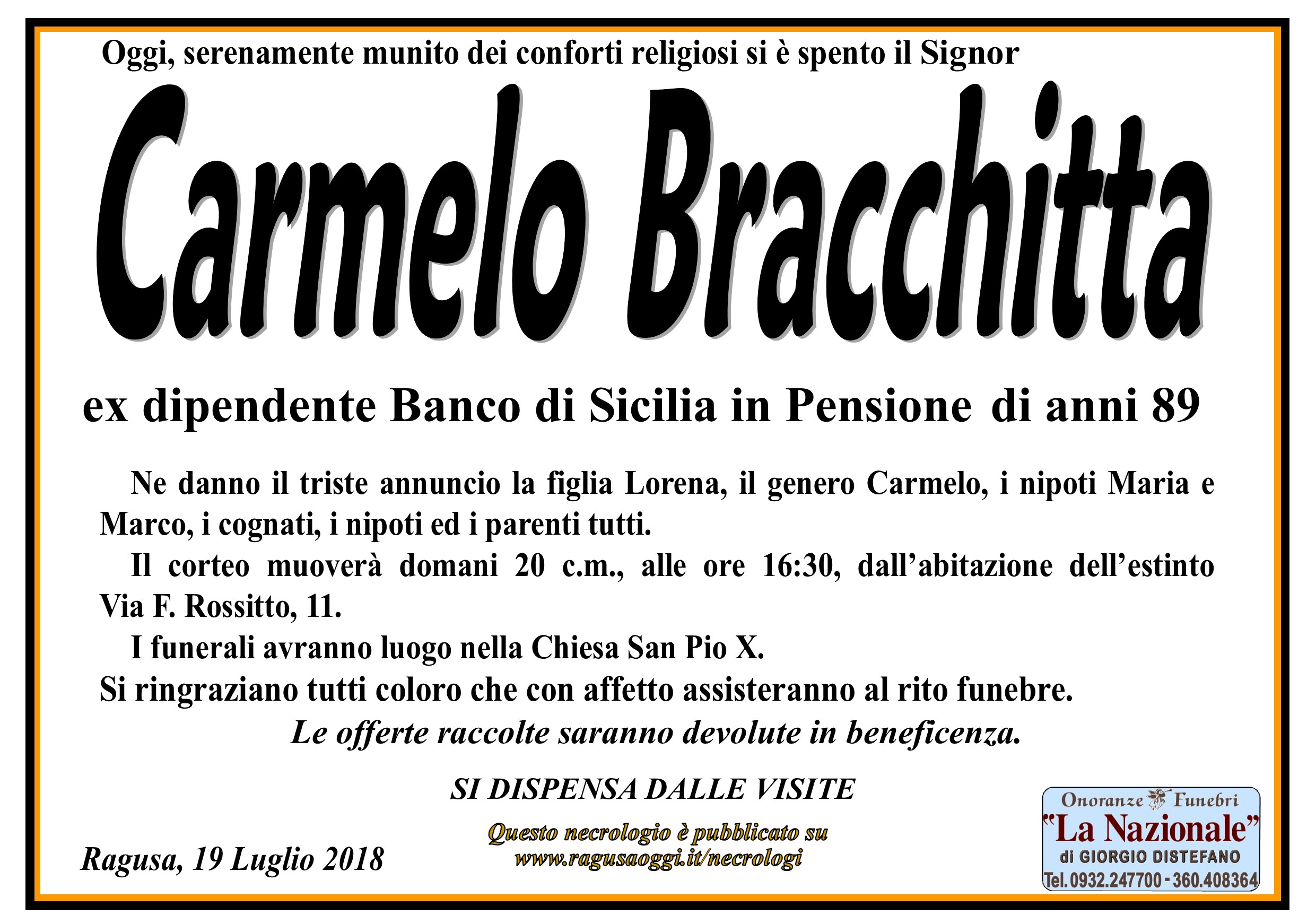 Necrologi: Carmelo Bracchitta