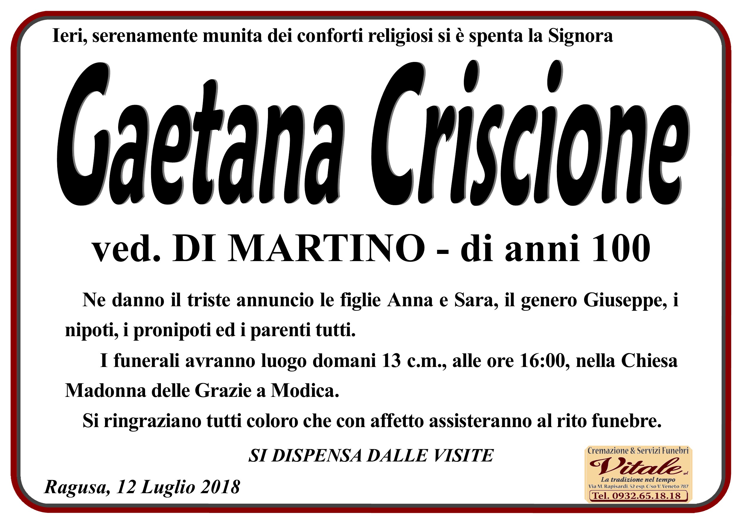 Necrologi: Gaetana Criscione