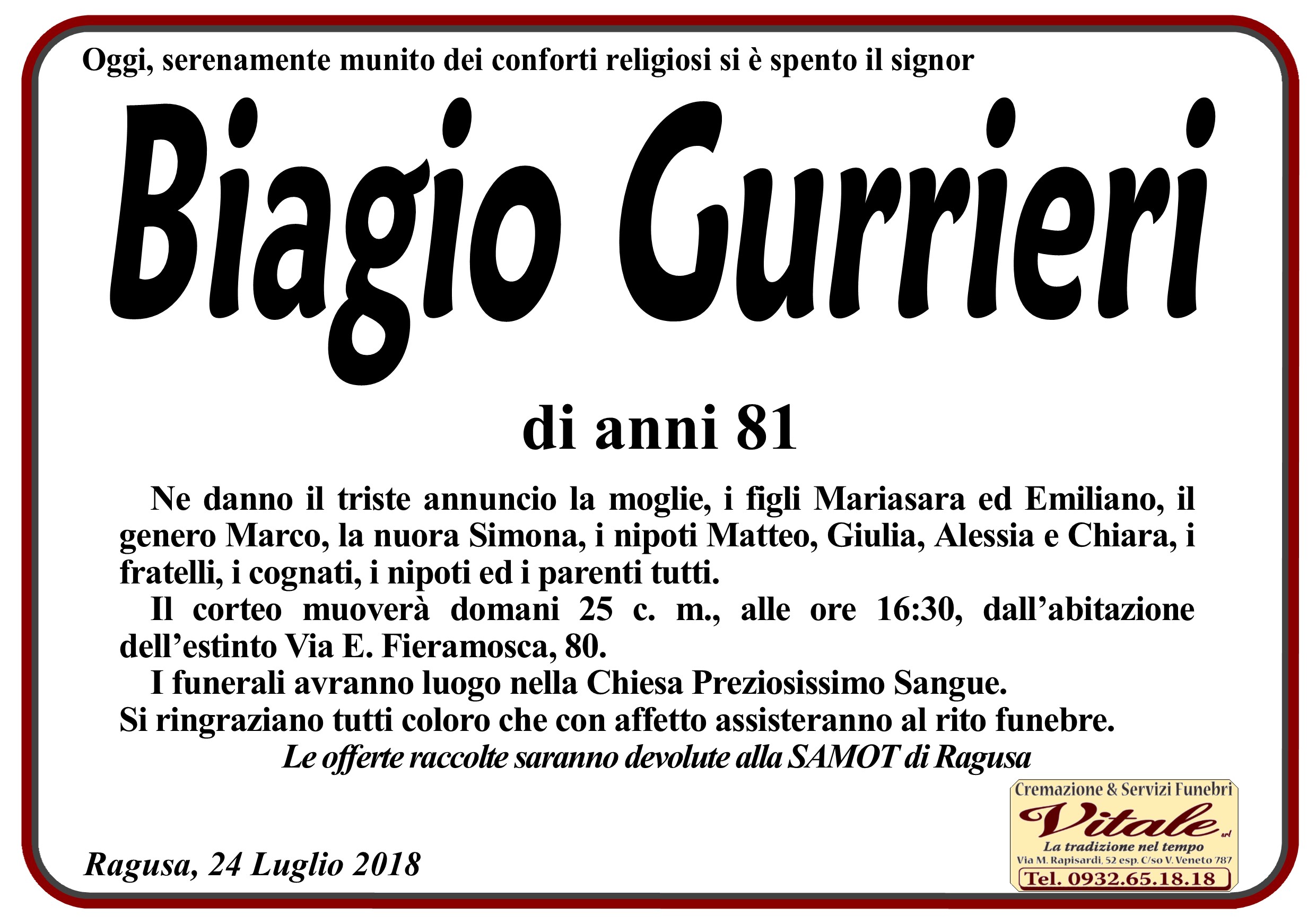 Necrologi: Biagio Gurrieri