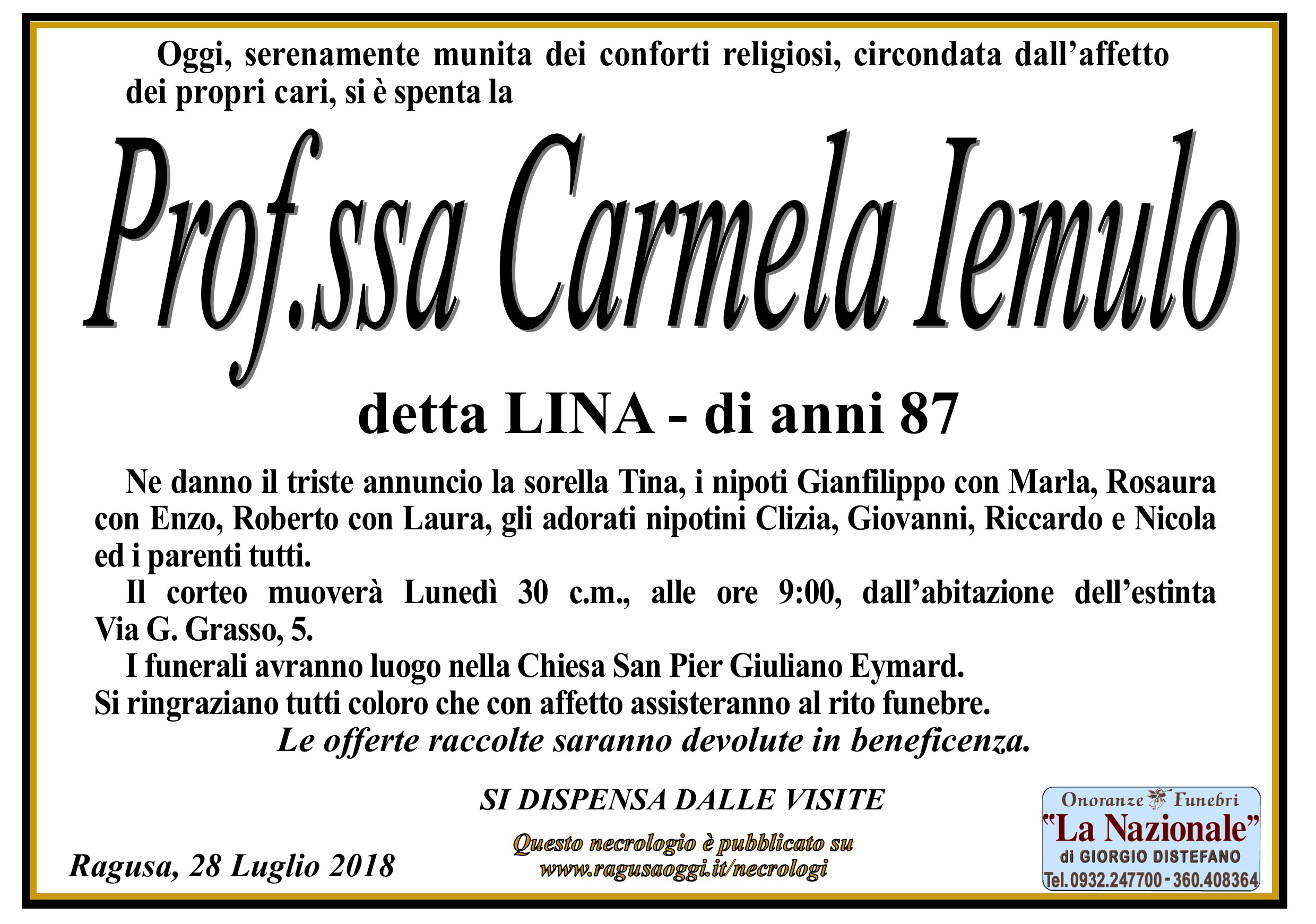 Necrologi: Carmela Iemulo detta Lina