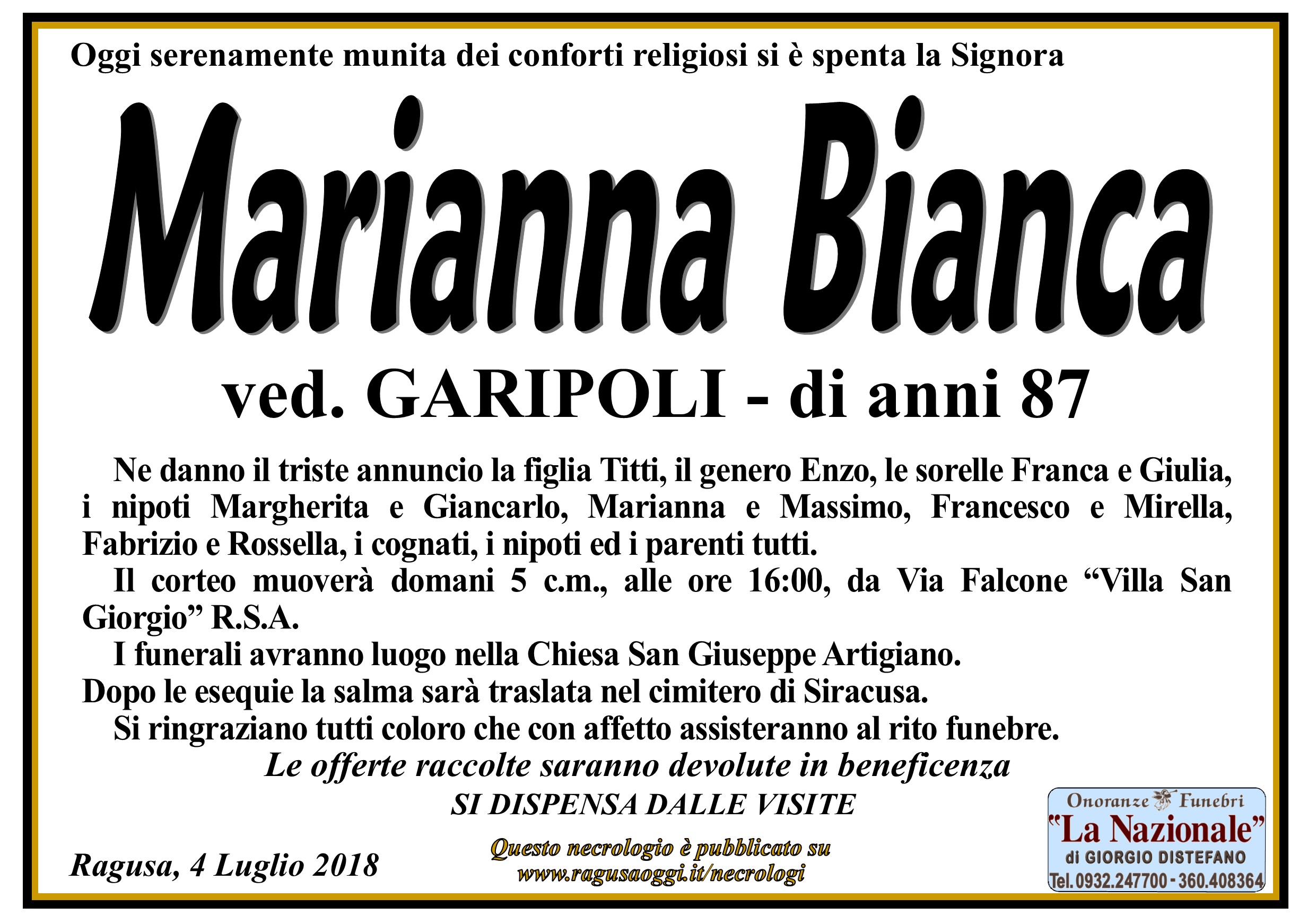 Necrologi: Marianna Bianca