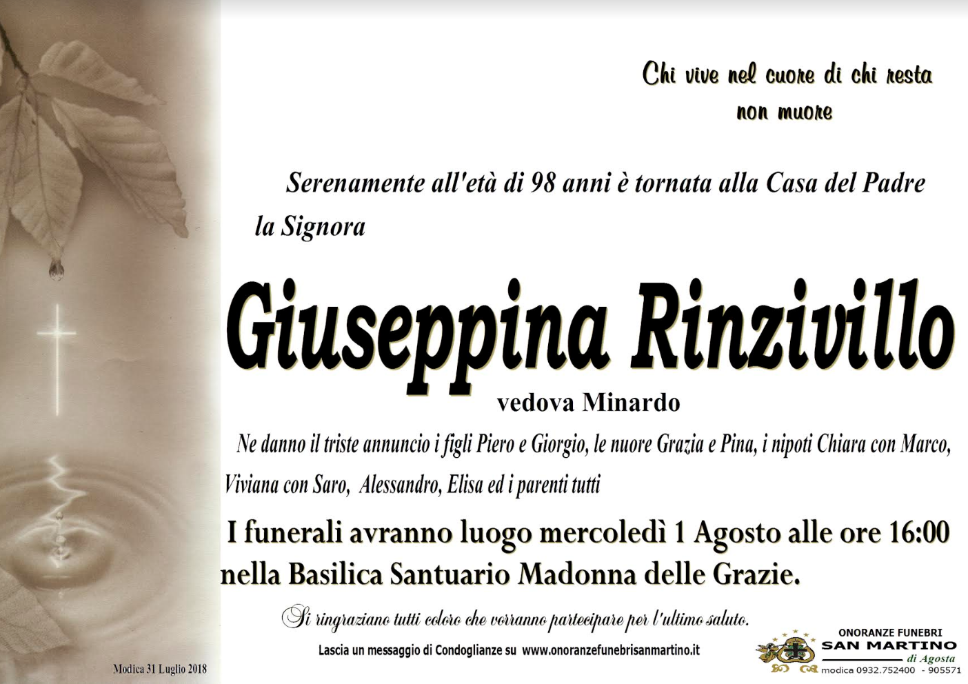 Necrologi: Giuseppina Rinzivillo