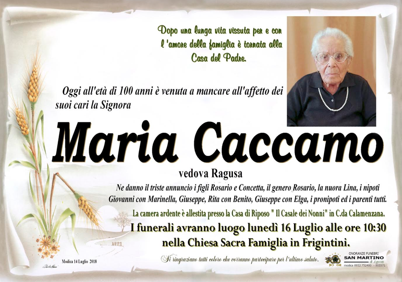 Necrologi: Maria Caccamo