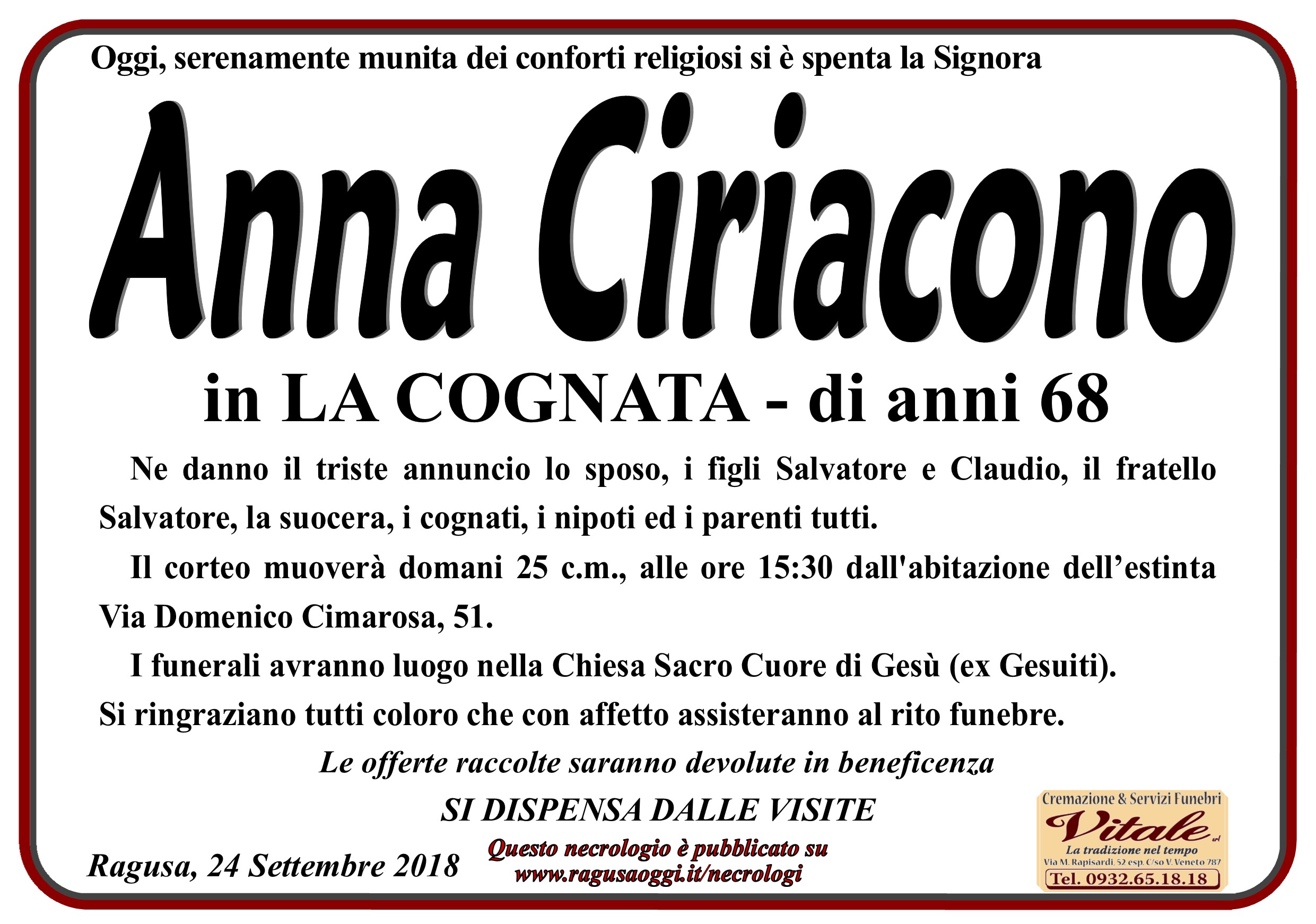 Necrologi: Anna Ciriacono