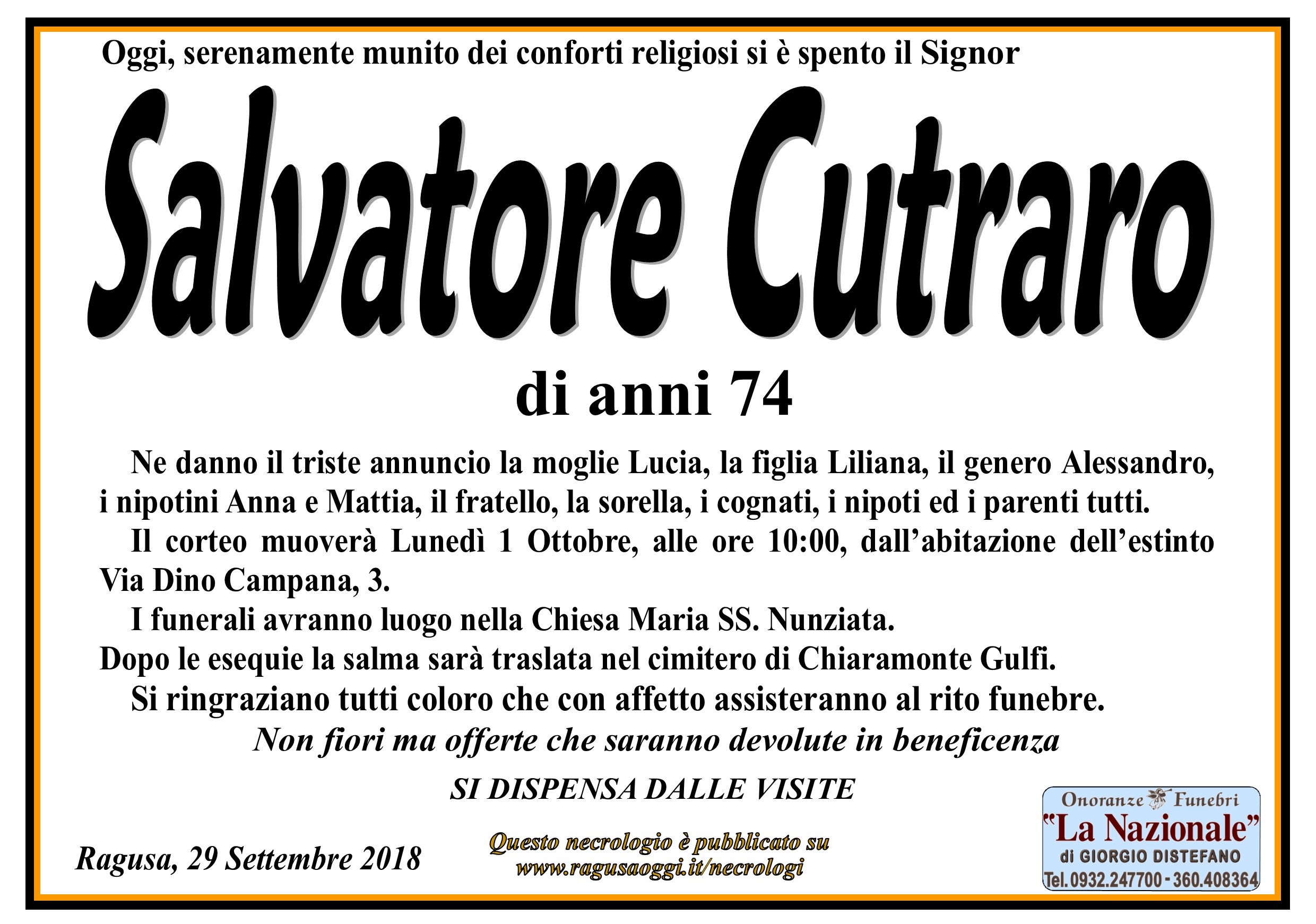 Necrologi: Salvatore Cutraro