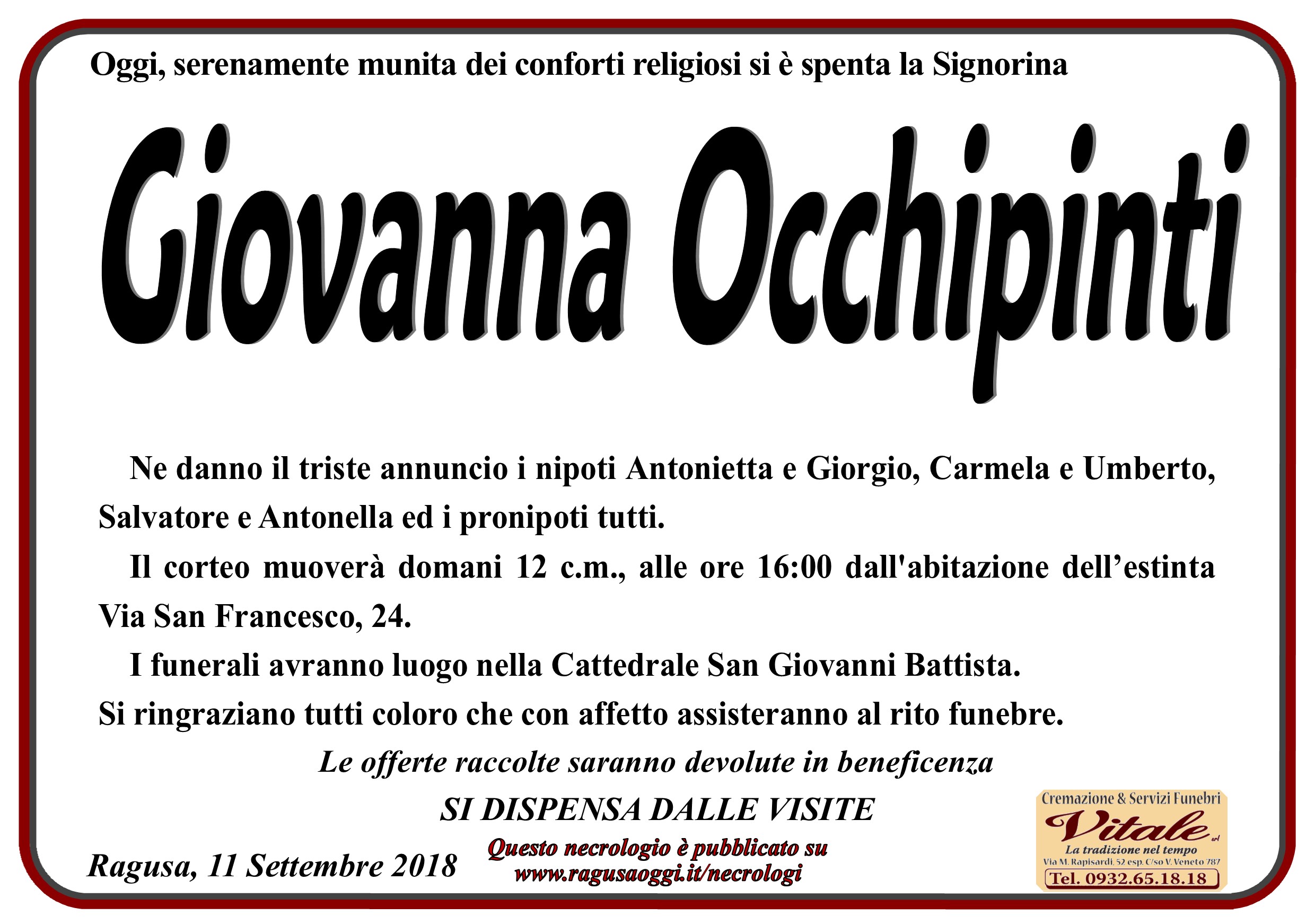 Necrologi: Giovanna Occhipinti