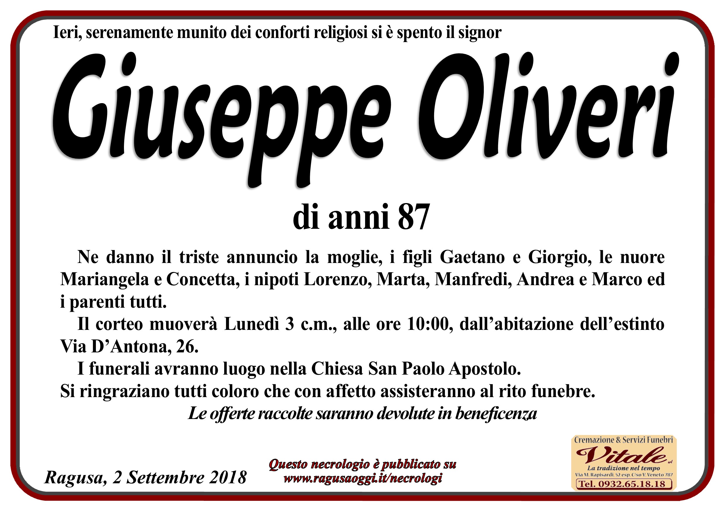 Necrologi Giuseppe Oliveri