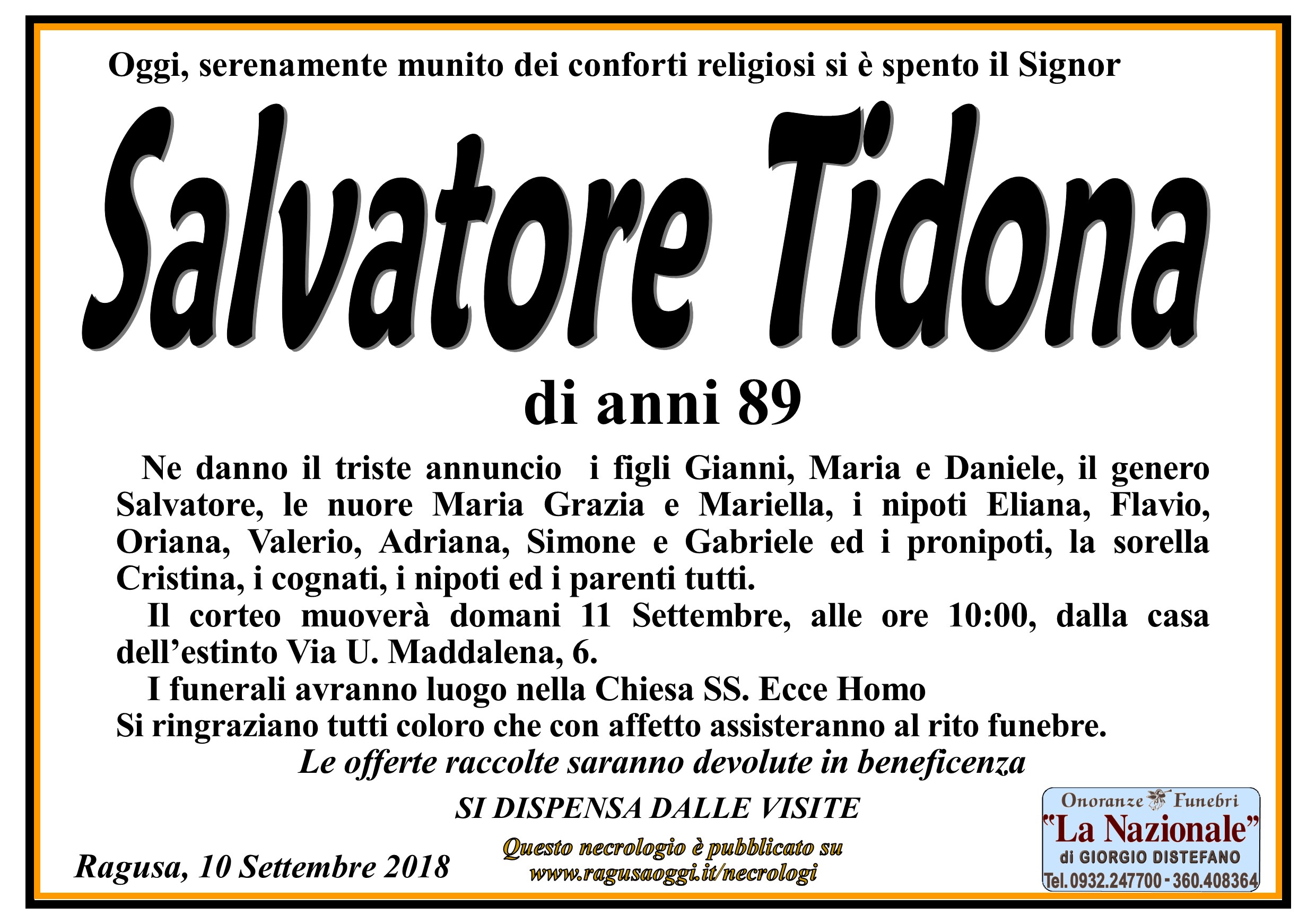 Necrologi Salvatore Tidona
