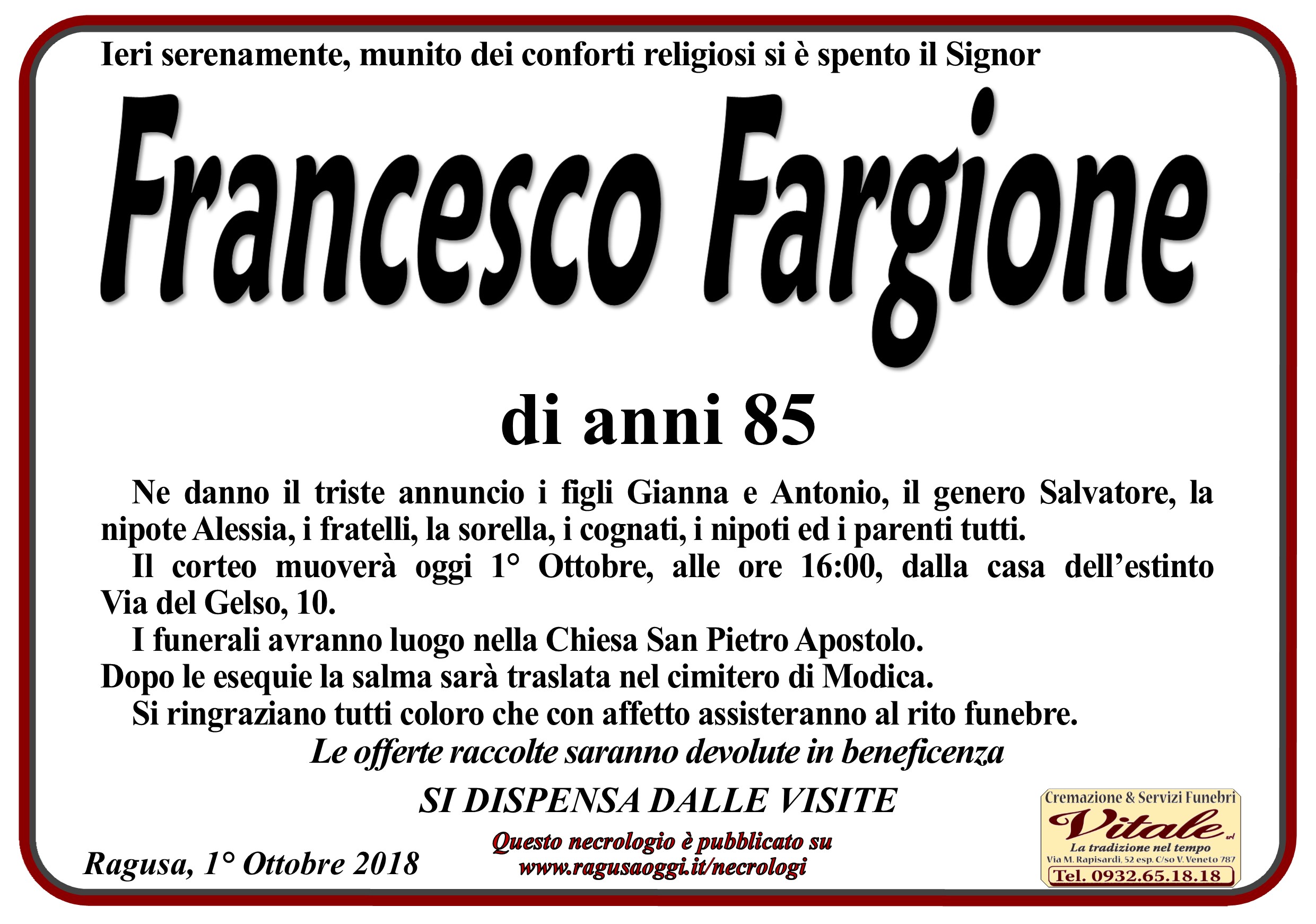 Necrologi: Francesco Fargione