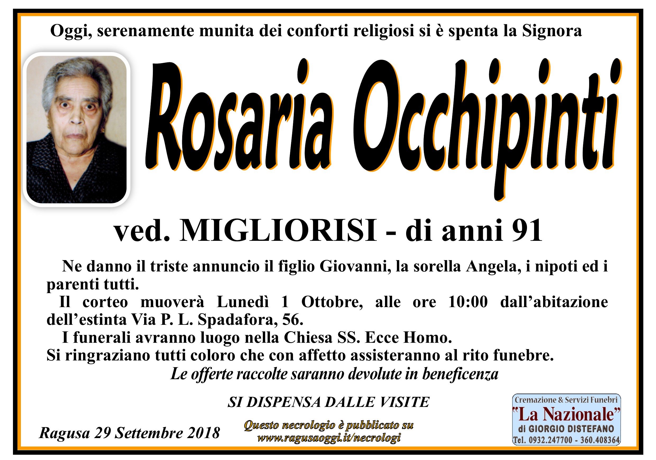 Necrologi: Rosaria Occhipinti