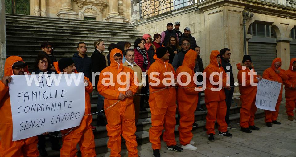 Sit-in di protesta stamane in piazza San Giovanni dei dipendenti di aziende agricole contro le aste giudiziarie. FOTOGALLERY