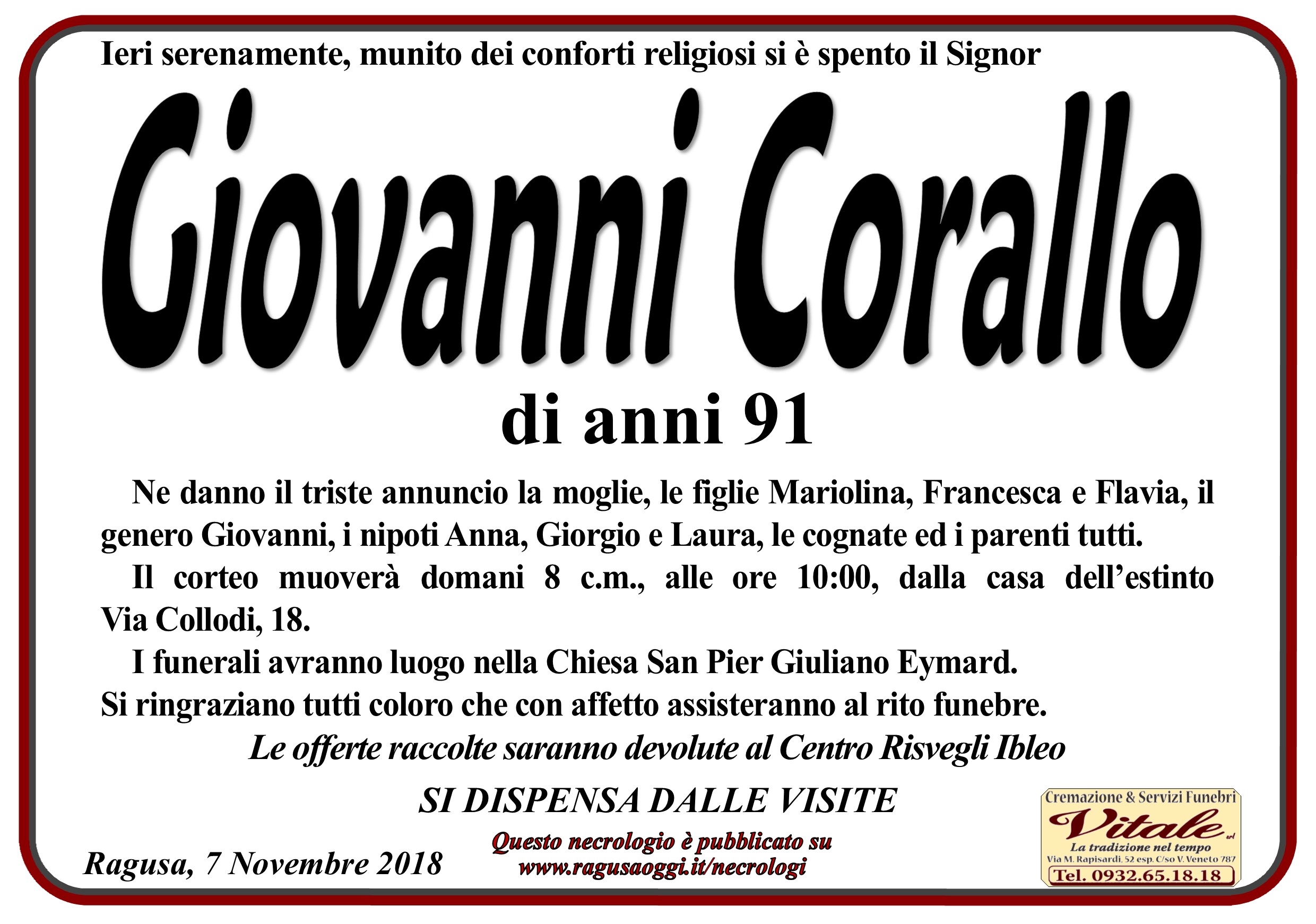 Necrologi: Corallo Giovanni