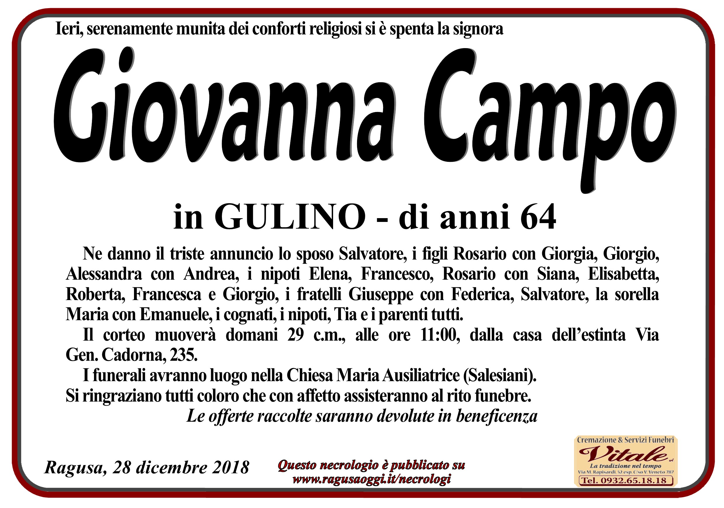Necrologi : Giovanna Campo