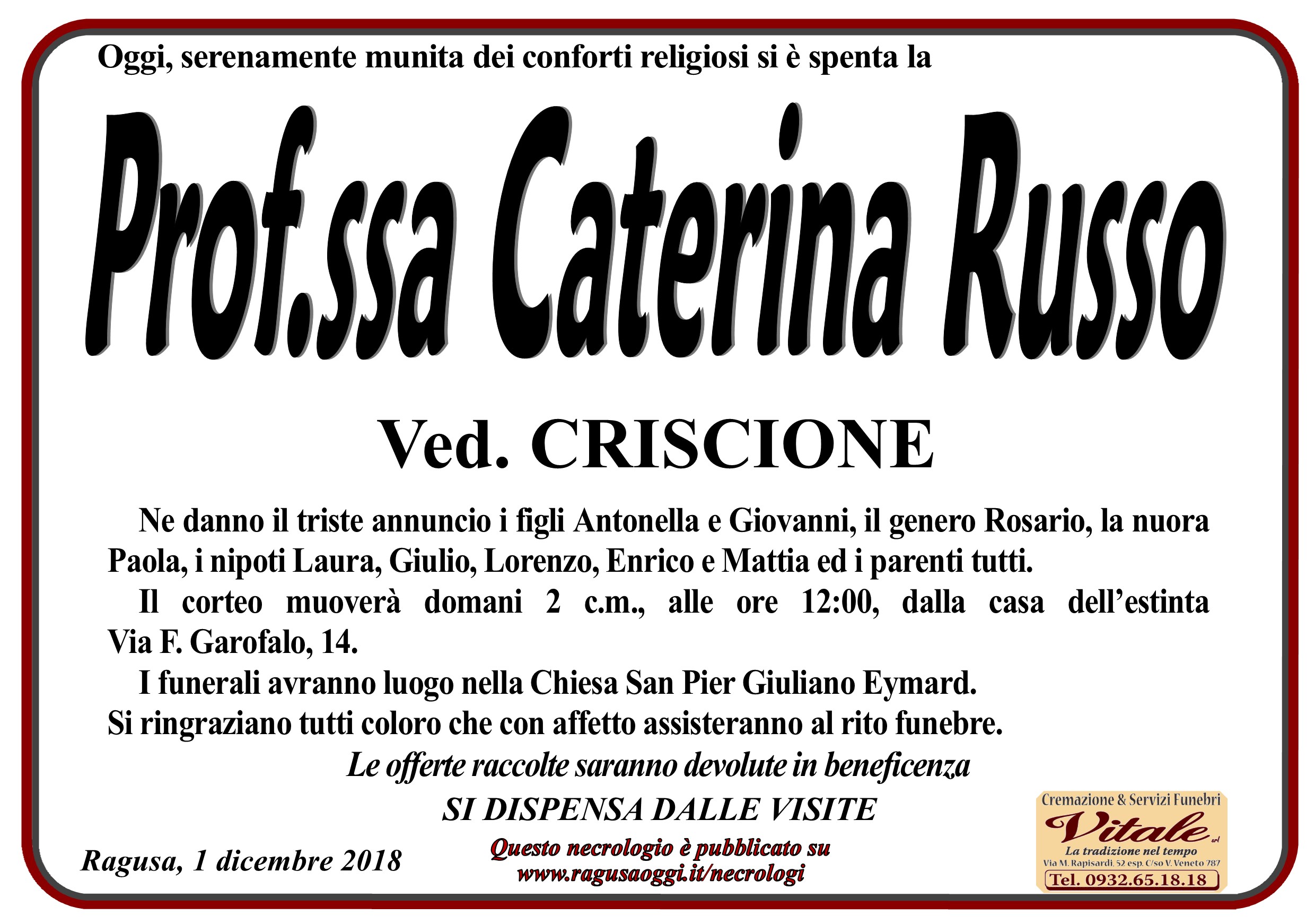 Necrologi: Russo Caterina