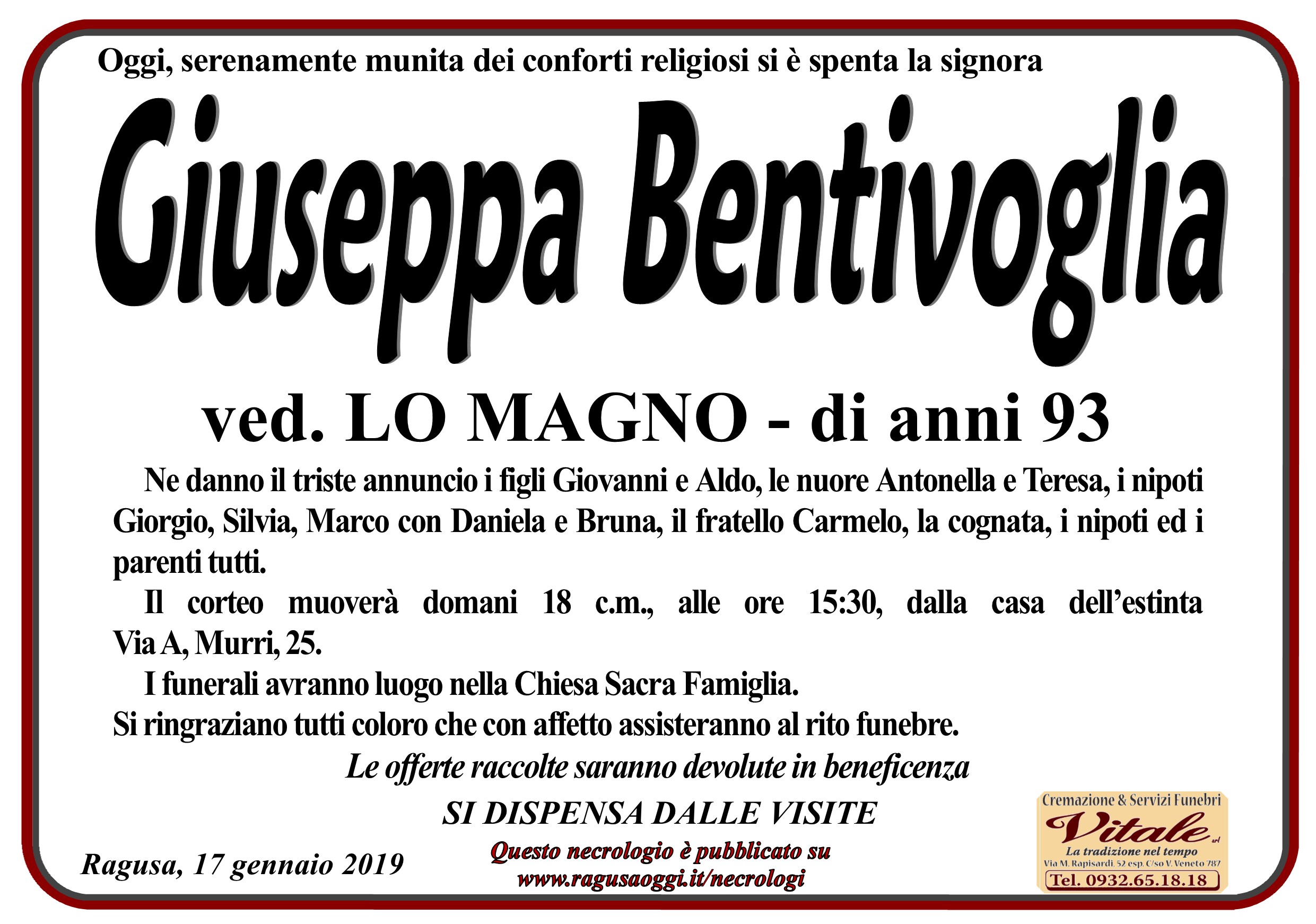 Necrologi: Giuseppa Bentivoglia