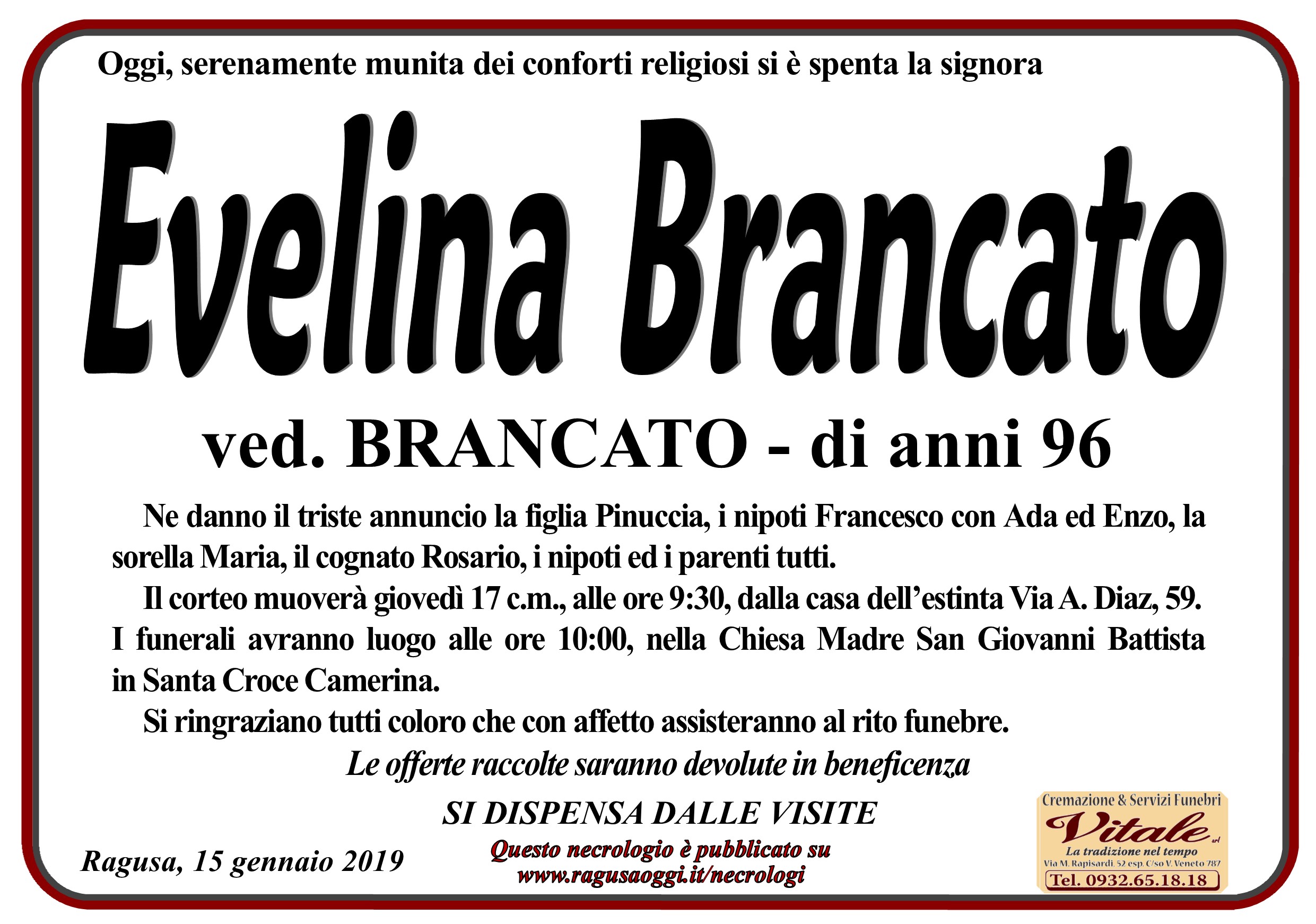 Necrologi: Evelina Brancato