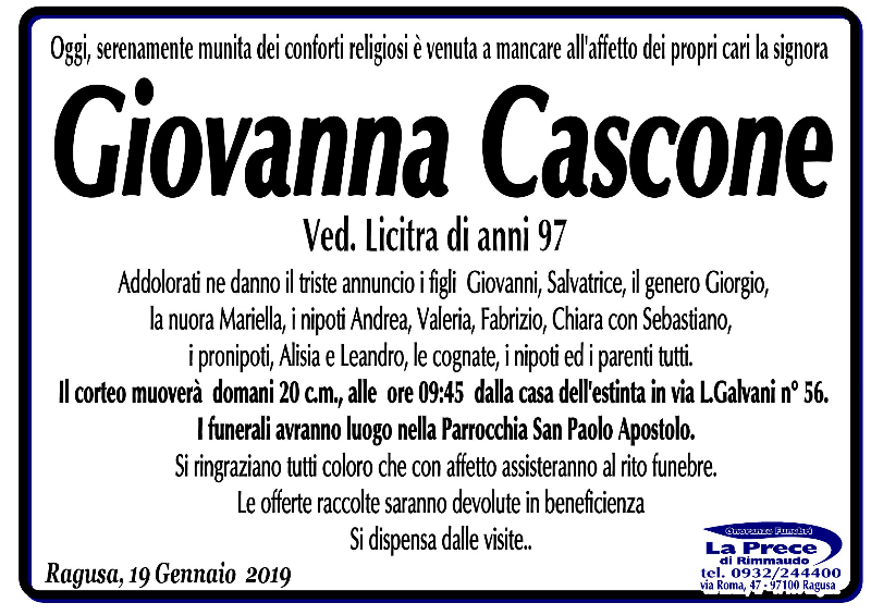 Necrologi: Giovanna Cascone
