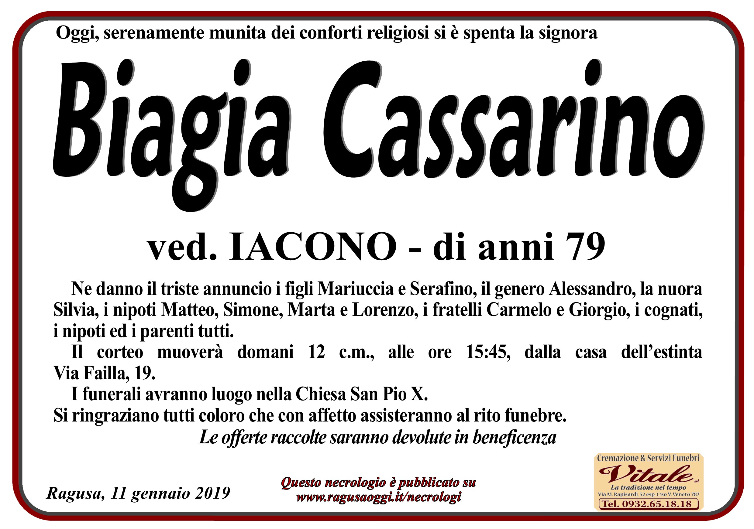 Necrologi: Biagia Cassarino
