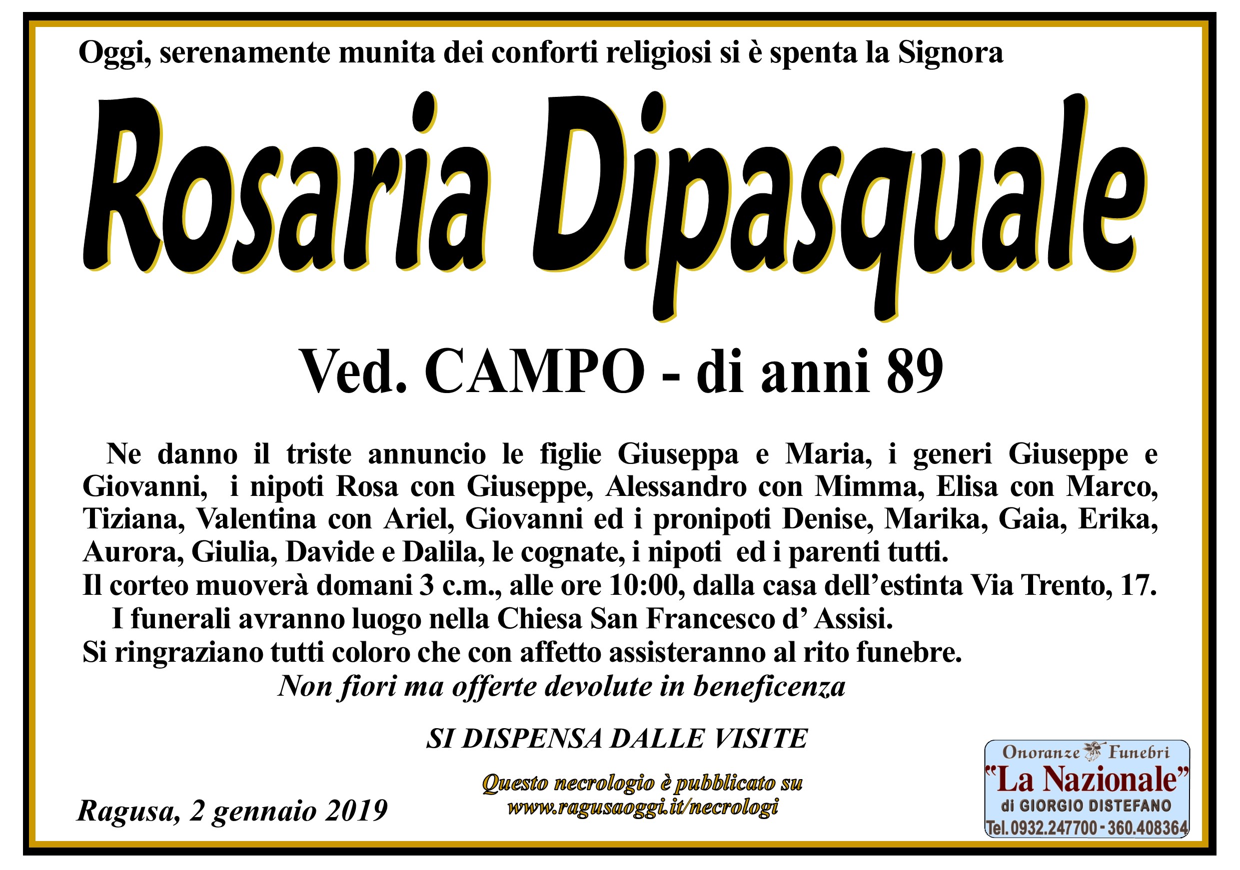 Necrologi: Rosaria Dipasquale