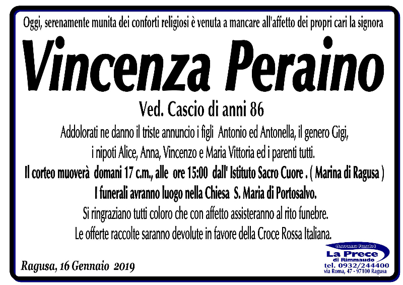 Necrologi: Vincenza Peraino