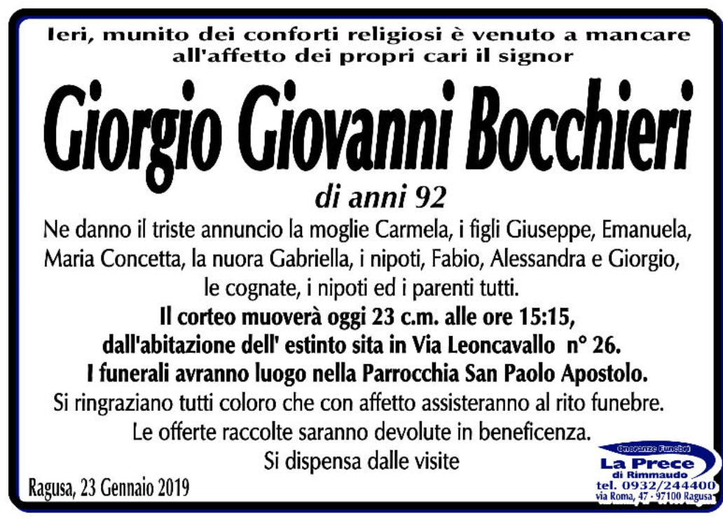 Necrologi: Giorgio Giovanni Bocchieri
