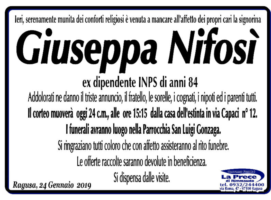 Necrologi: Giuseppa Nifosì