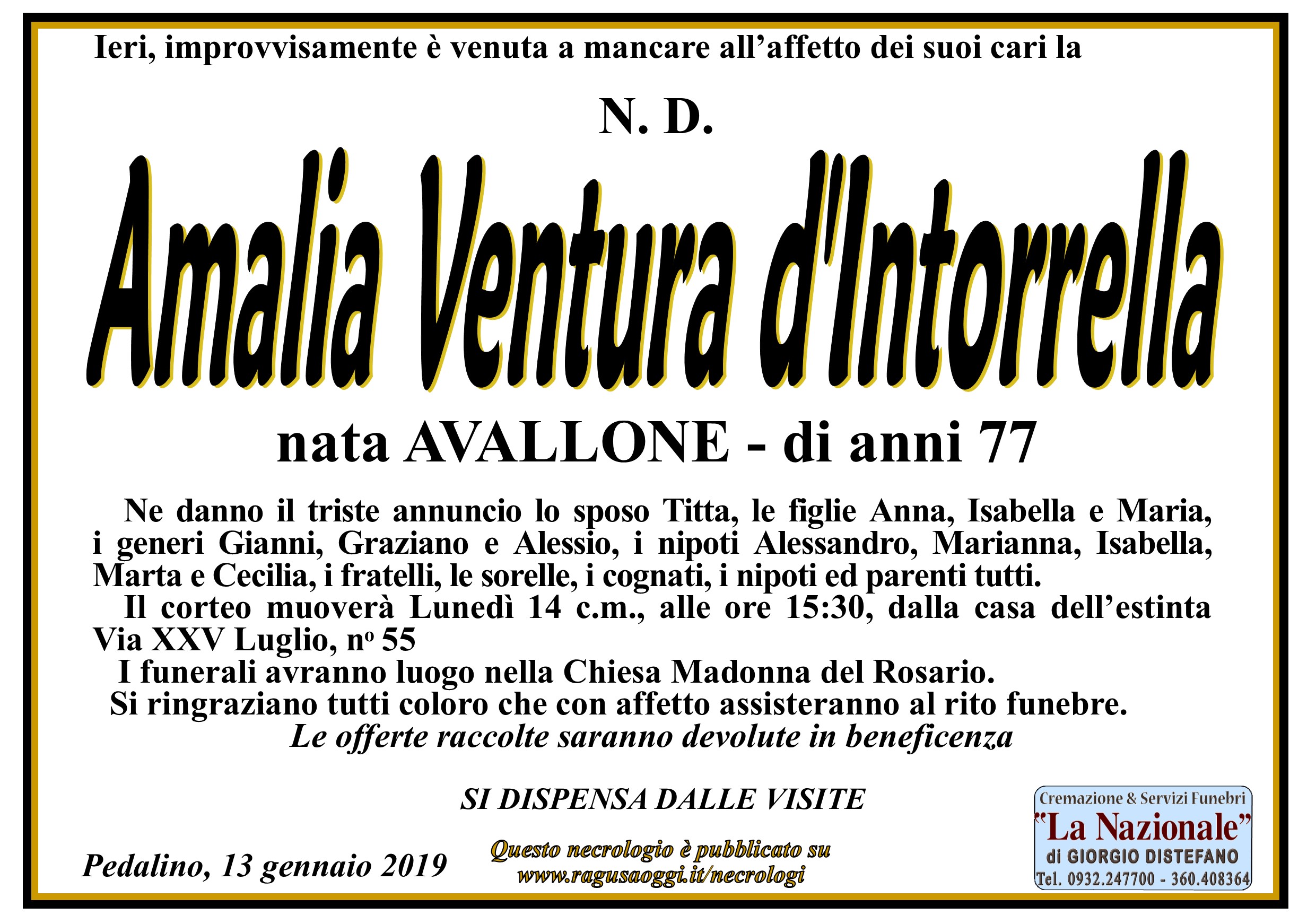 Necrologi: Amalia Ventura D’Intorrella