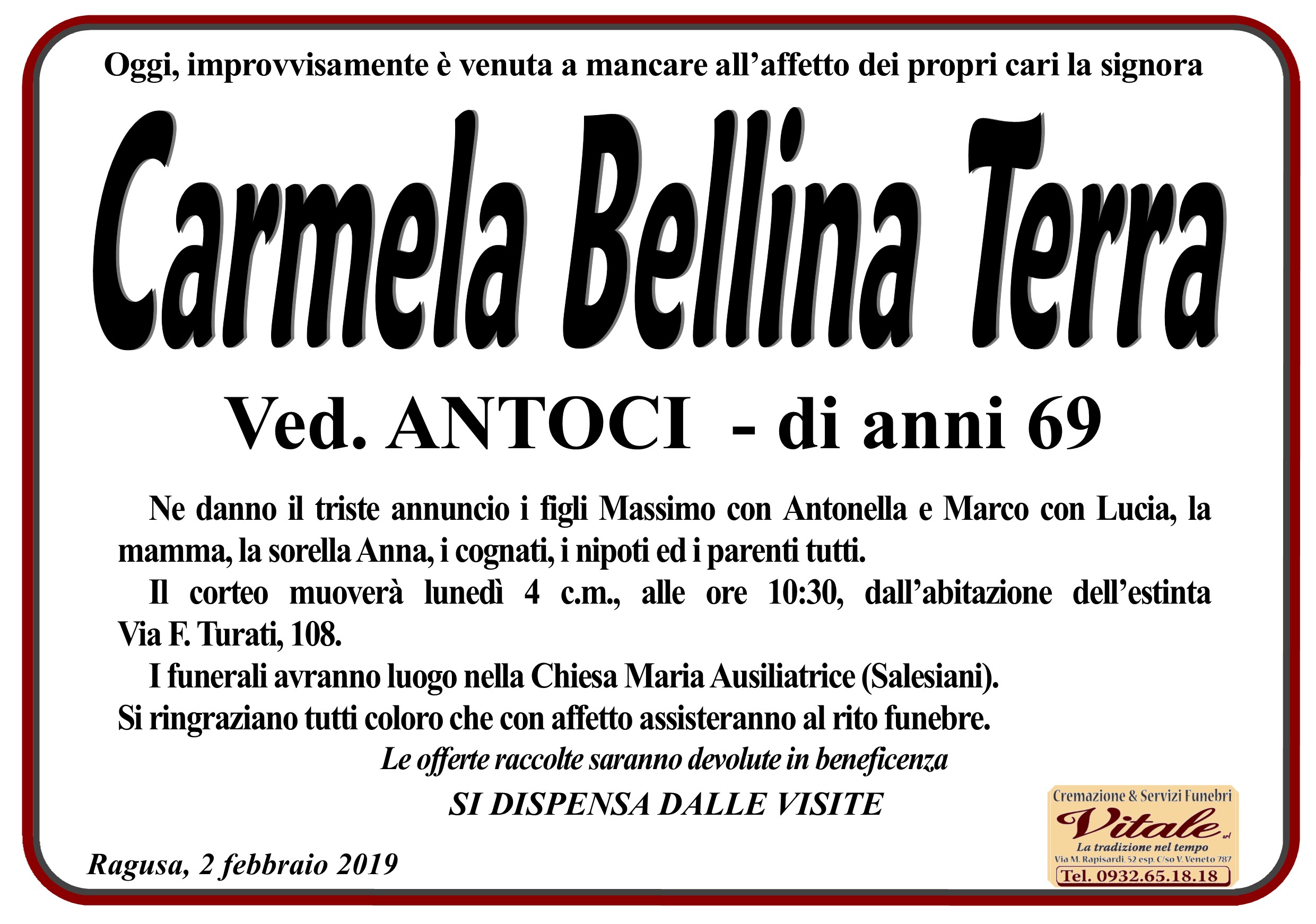 Necrologi: Carmela Bellina Terra