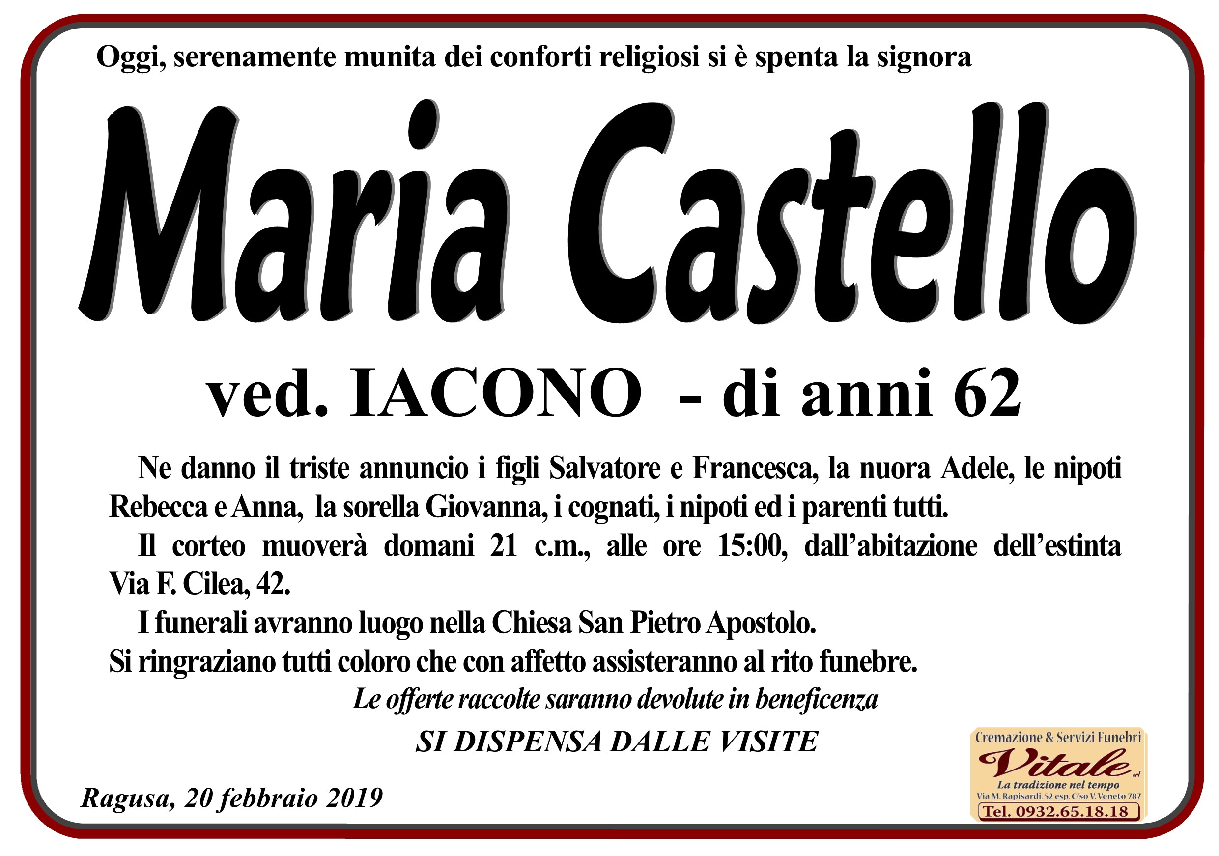 Necrologi: Maria Castello