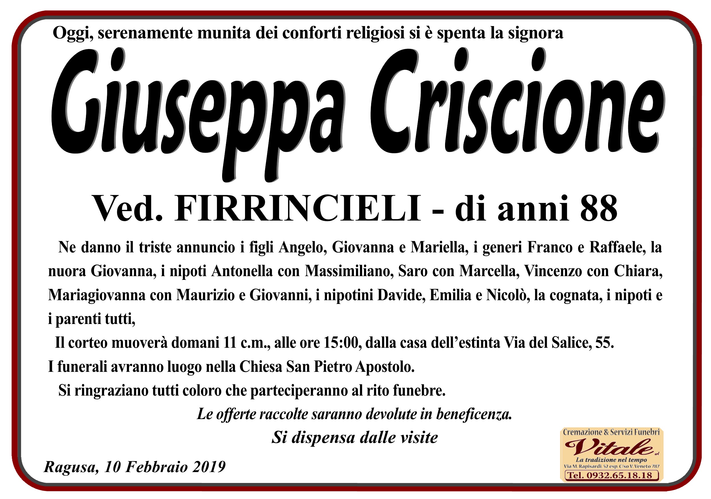 Necrologi: Giuseppa Criscione