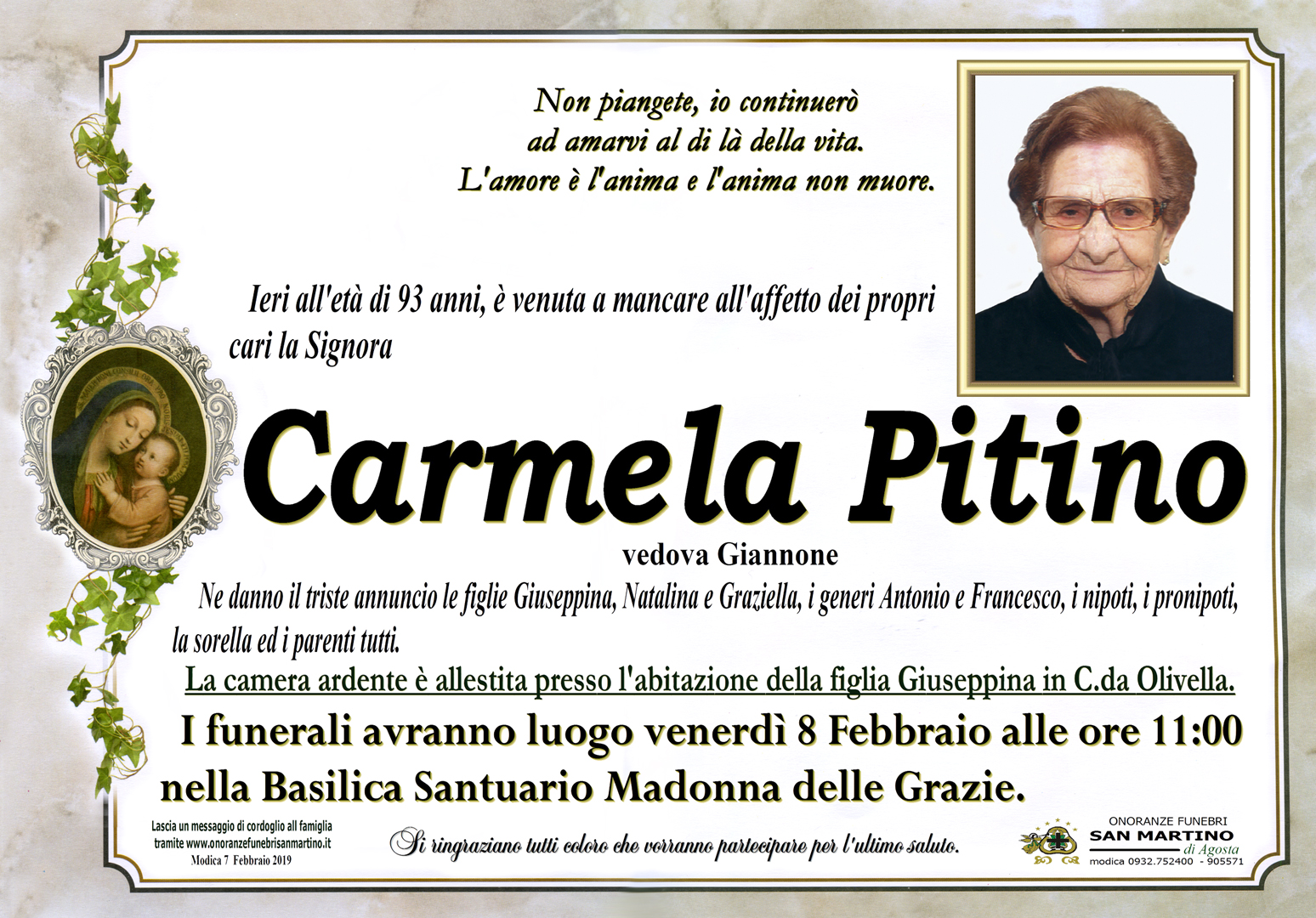 Necrologi: Carmela Pitino